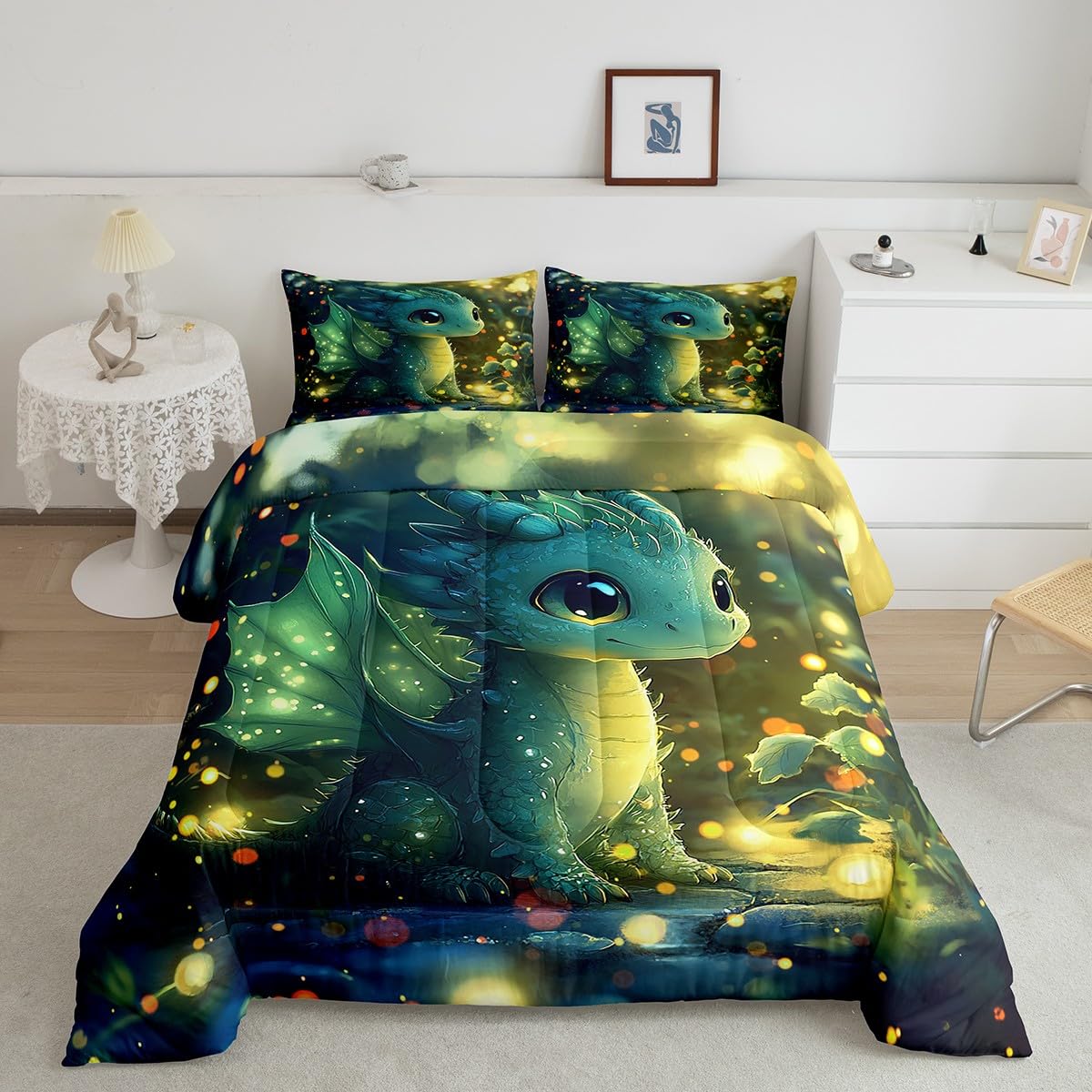 Feelyou Dragon Comforter Set Twin Size Dragon Stuff Comforter for Boys Girls Teens Kawaii Bedding Set Room Decor Bright Green Quilt Set