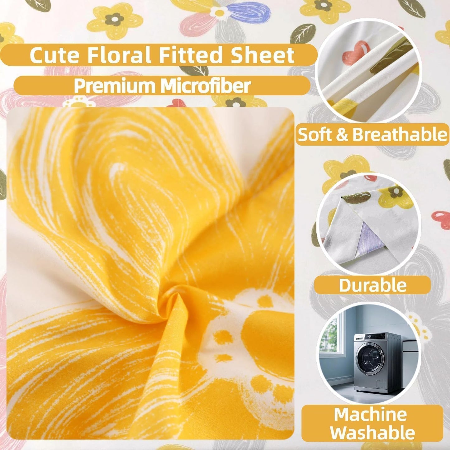 SDIII Colorful Floral Queen Fitted Sheet with 2 Pillowcases, Deep Pocket Soft Microfiber Queen Sheet Floral All Season