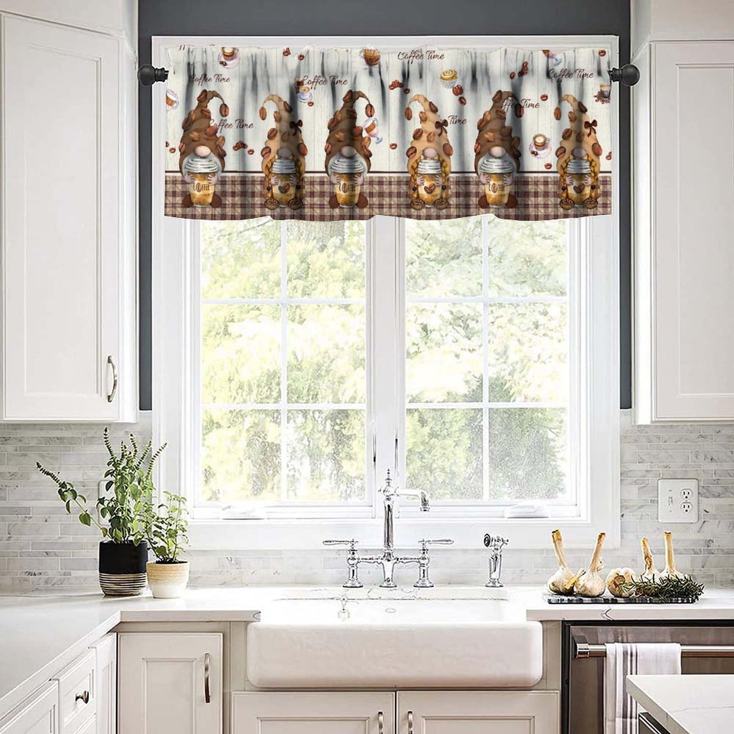 AAVEUP Coffee Kitchen Valance Curtains,Cartoon Retro Country Cappuccino Coffee Elf Cake Desserts Valances Short Panel Blackout Treatment Drapes for Dining Hal Living Room 54x 18 in