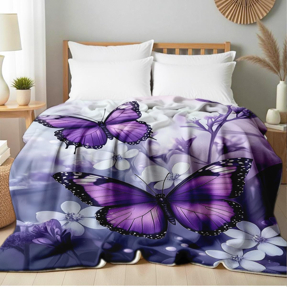 HUNXIAOJ Printed Bed Blanket Purple Butterfly Throws Soft Flannel Blanket Butterfly Gifts for Adults Kids Couch Butterflies Decor for Sofa Bed Office (49"x59")
