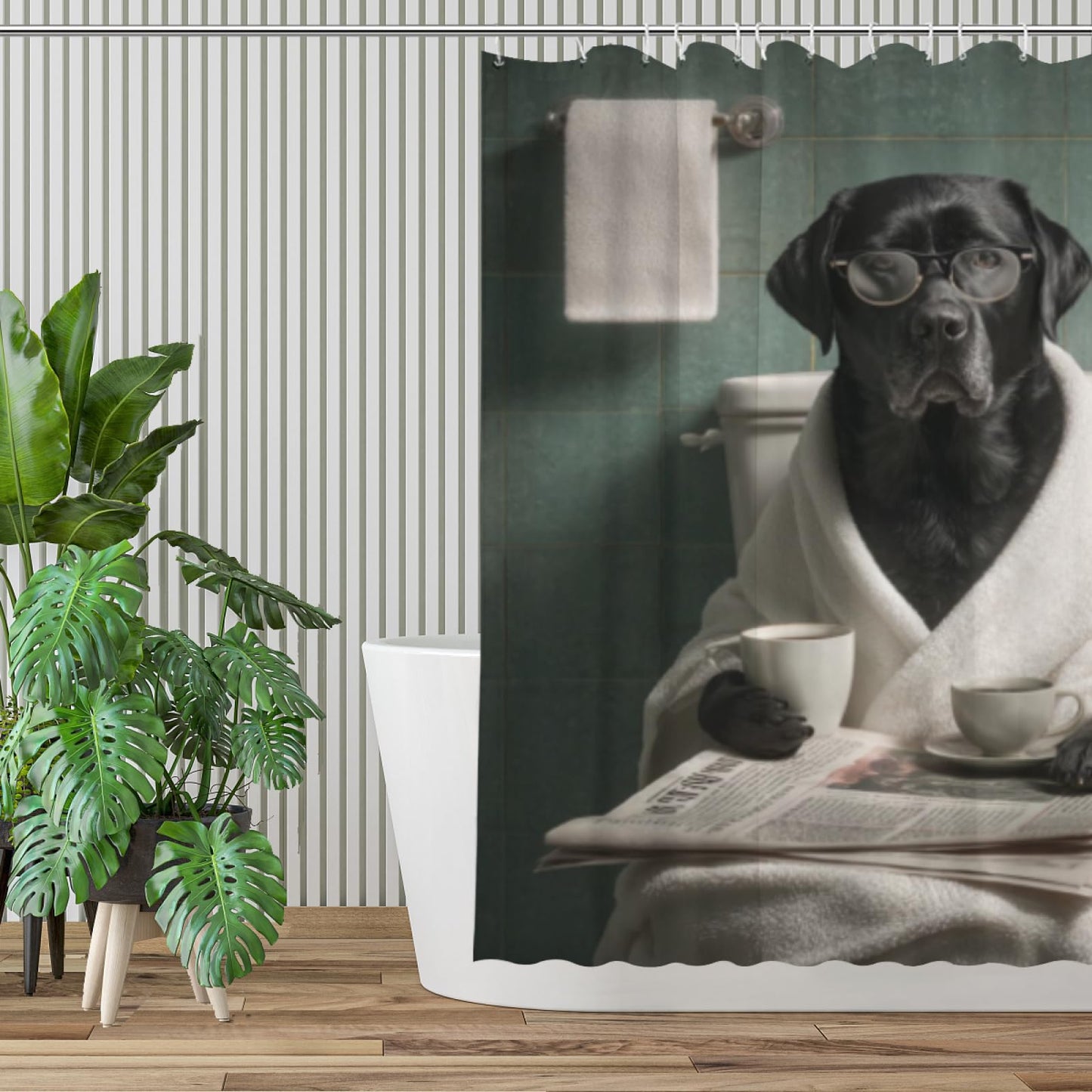 Wordatu Funny Black Labrador Dog Bathroom Curtain, Cute Dogs Reading Newspaper on Toilet, Washable Cloth Kids Shower Curtain Set 72X72 Inches with 12 Hooks