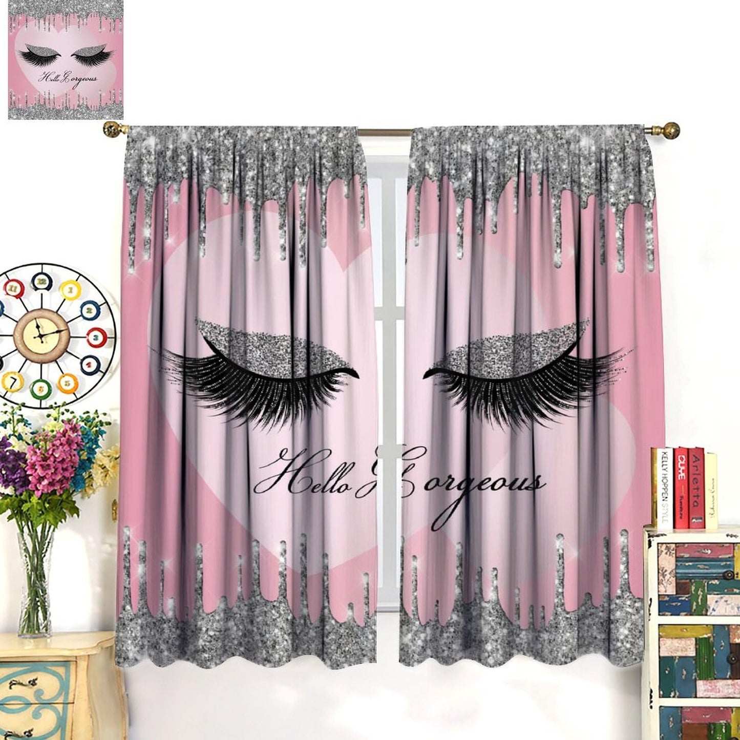Eyelash Curtains Fashion Girl Eyes Hello Gorgeous Modern Makeup Abstract Art Room Darkening Thermal Insulated Rod Pockets Window Drapes for Bedroom Living Room Kitchen Cafe Decor W21xL45inx2 Decor