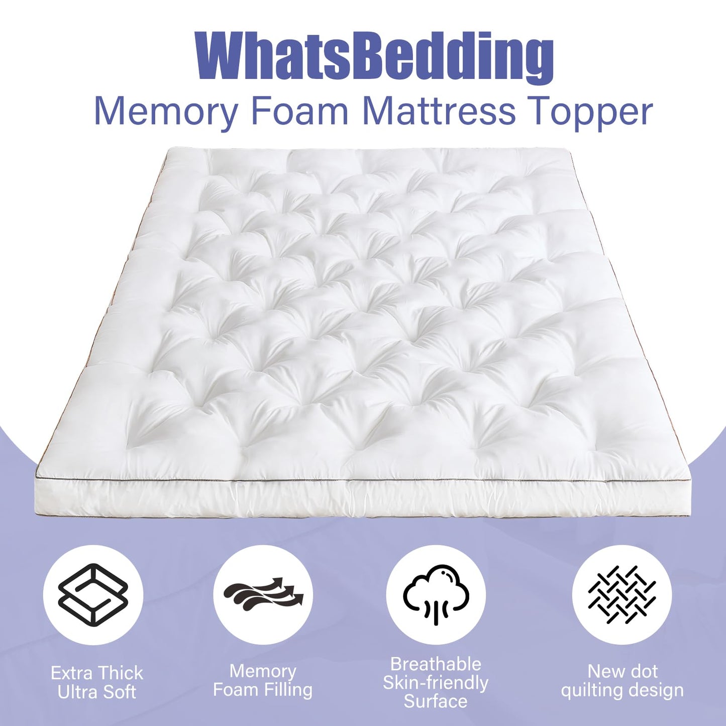 WhatsBedding 4 Inch Memory Foam Mattress Topper King for Back Pain, Filled with Fluffy Gel Memory Foam, Soft and Thick Supportive Mattress Topper, 4 Stable Anchor Elastic Straps