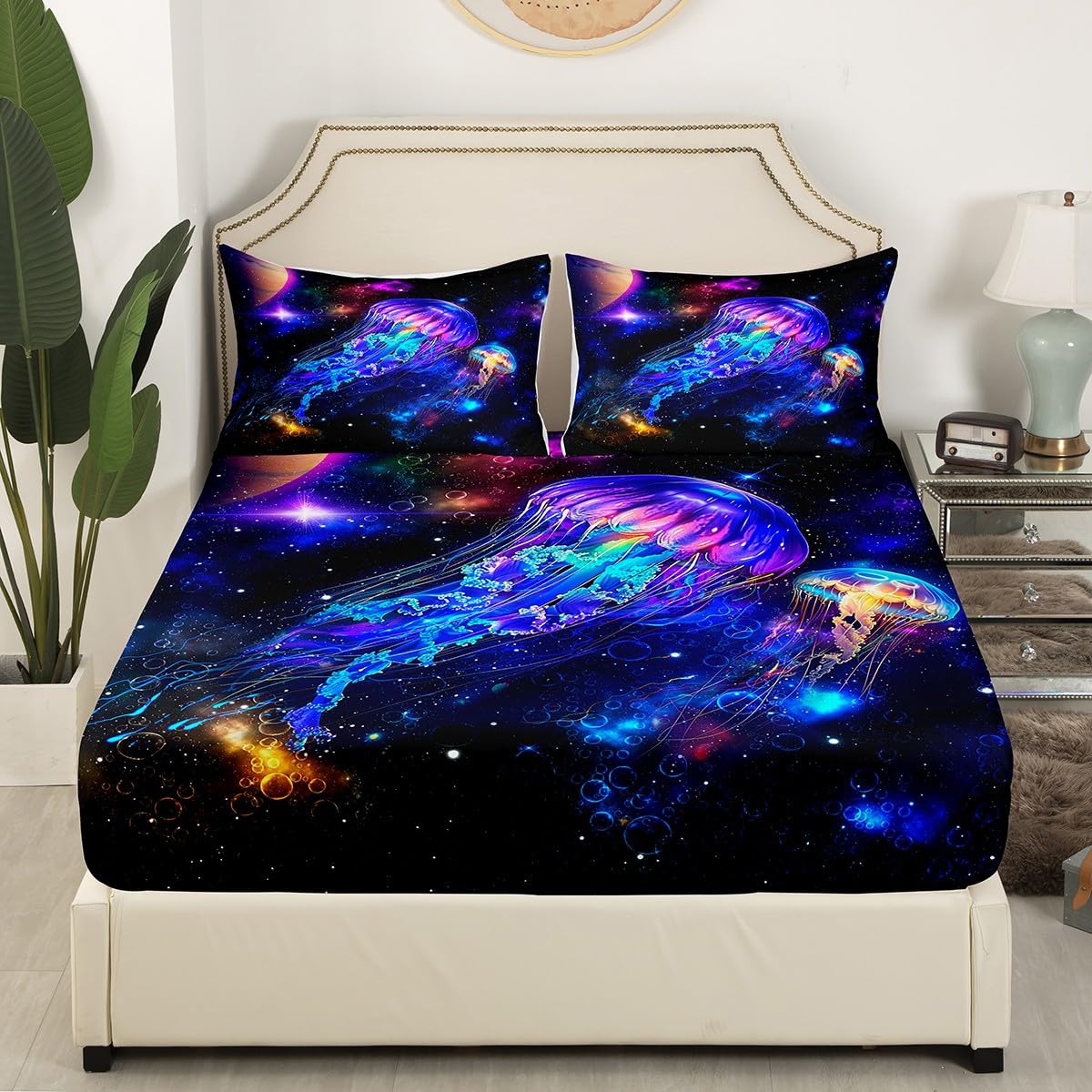 Castle Fairy Jellyfish Galaxy Bed Sheet Set King Size,Blue Nebula Spaceship Bedding Set(1 Fitted,1 Flat,2 Pillowcases),Universe Stars Planets Luxury Deep Pocket Fitted Sheet