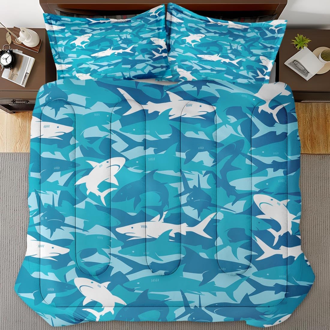 Nesphy Blue Shark King Comforter Set, Ocean Surf Camouflage Bedding Set 3 Piece, All Season Soft Toddlers Children Adults Bedroom Bed Decoration Comforter and 2 Pillow Shams