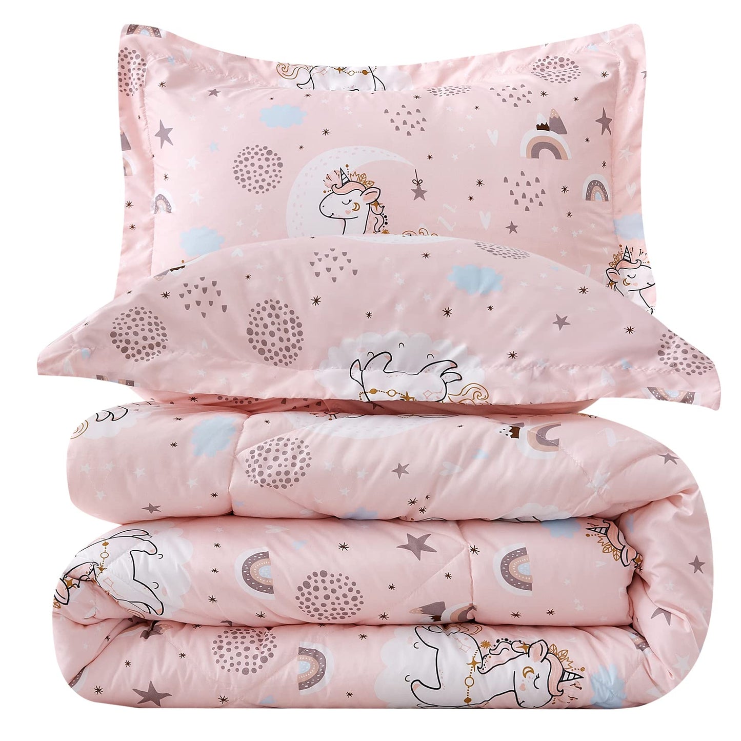 JSD Pink Unicorn Kids Comforter Set Full Size, 3 Piece Girls Rainbow Microfiber Comforter with Pillow Shams, Lightweight All Season Washable