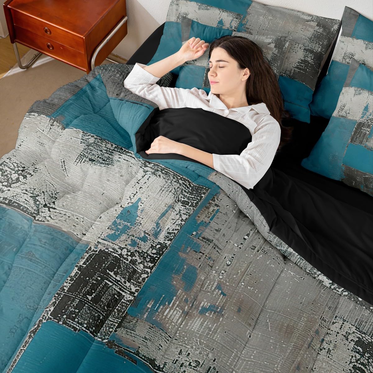 Feelyou Abstract Comforter Set with Sheets 7 Piece King Size Modern Abstract Art Bed in a Bag Kids Boys Girls Luxury Bedding Set Geometric Bedroom Decor Gray Blue Soft Lightweight Microfiber