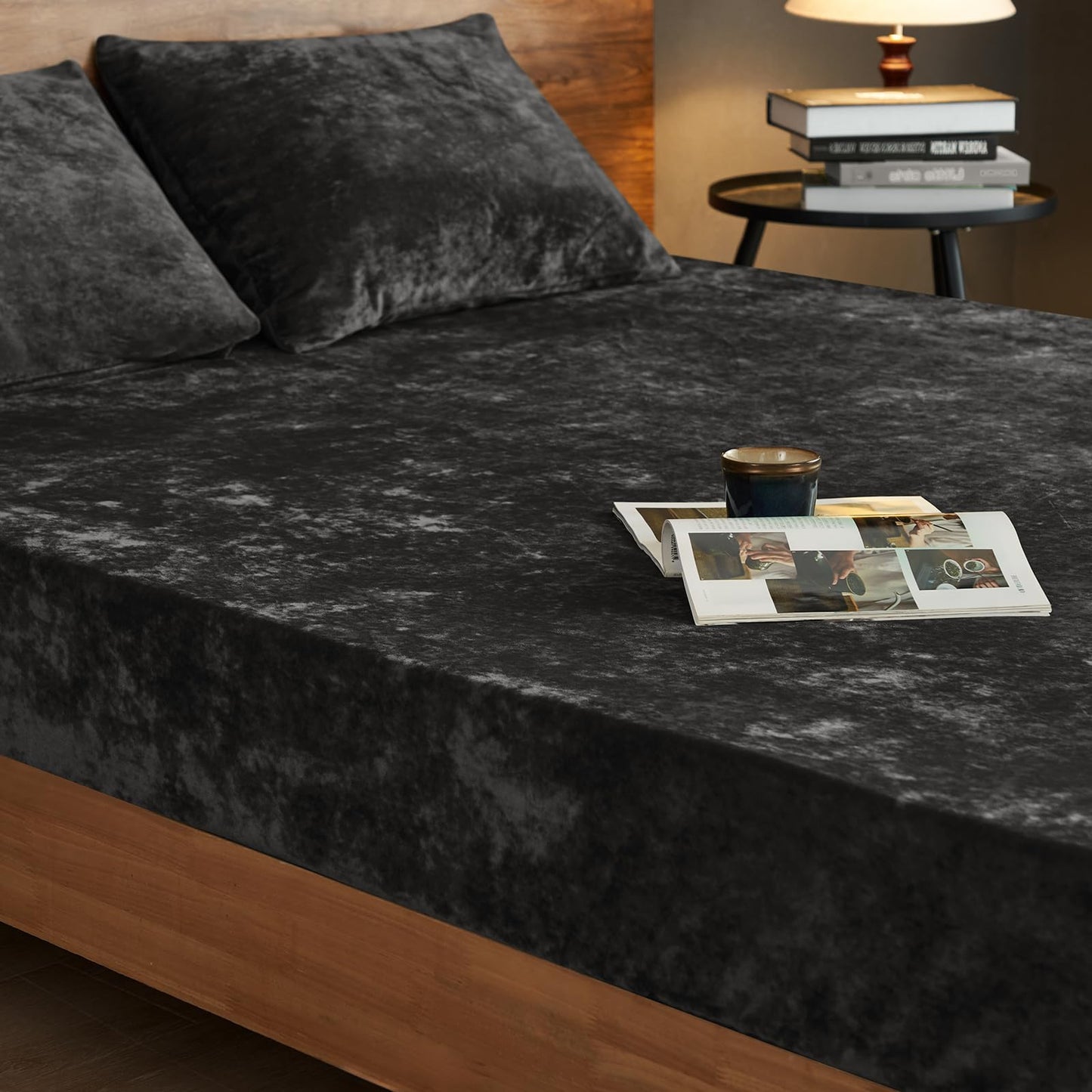 PHF Truly Velvet Fitted Sheet Only Full Size, Luxury Super Soft Cozy Fuzzy Fleece Bottom Sheet, Deep Pocket Up to 16",Strenghth Elastic Band, Suitable for Fall Winter Spring, No Pillowcases, Black