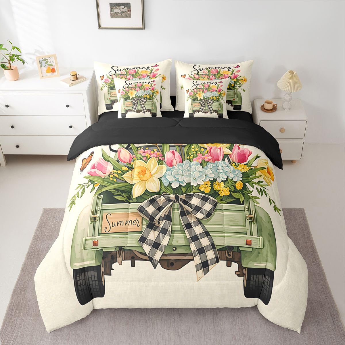 Erosebridal Floral Truck Queen Bedding Set Vintage Bow Green Pickup Comforter Set with Flat and Fitted Sheet Girls Women Summer Blooming Flower 7-Piece Bed in a Bag Countryside Farm Quilt Sets