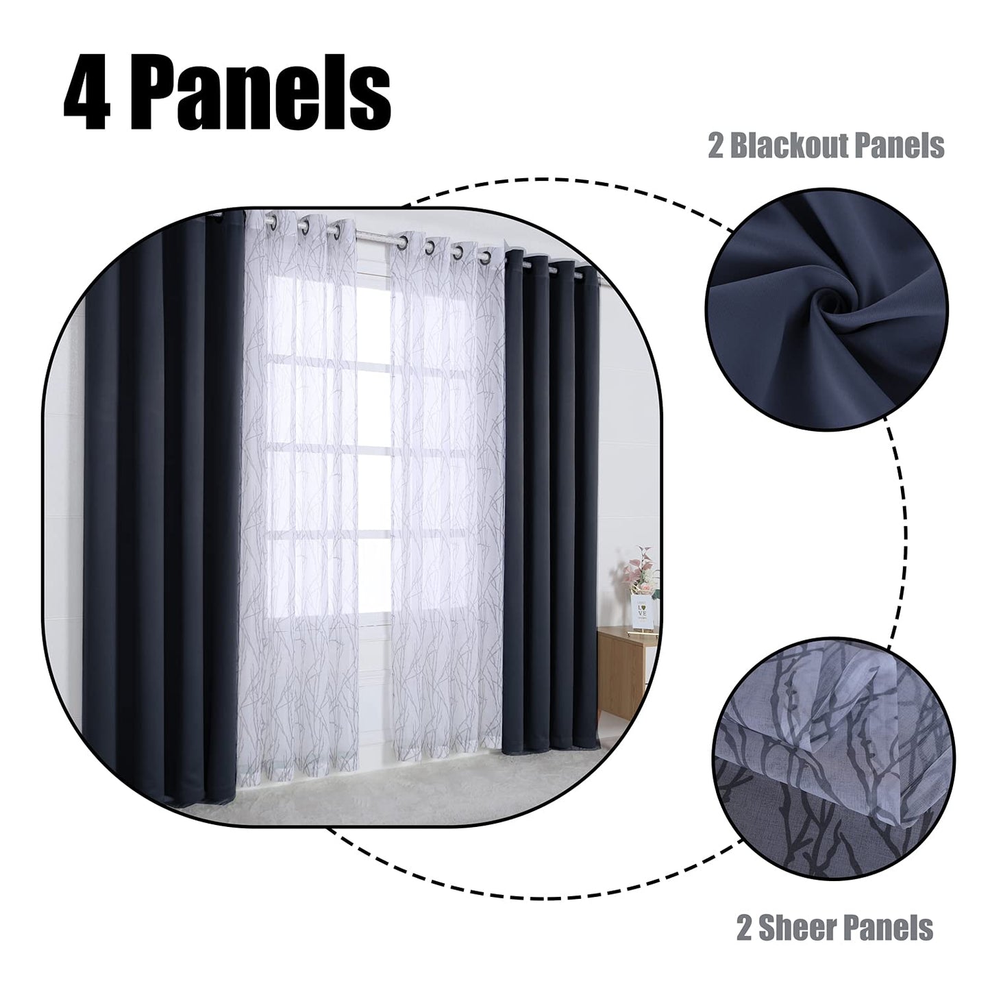 BONZER Mix and Match Curtains - 2 Pieces Branch Print Sheer Curtains and 2 Pieces Blackout Curtains for Bedroom Living Room Grommet Window Drapes, 37x95 Inch/Panel, Grey Dark, Set of 4 Panels