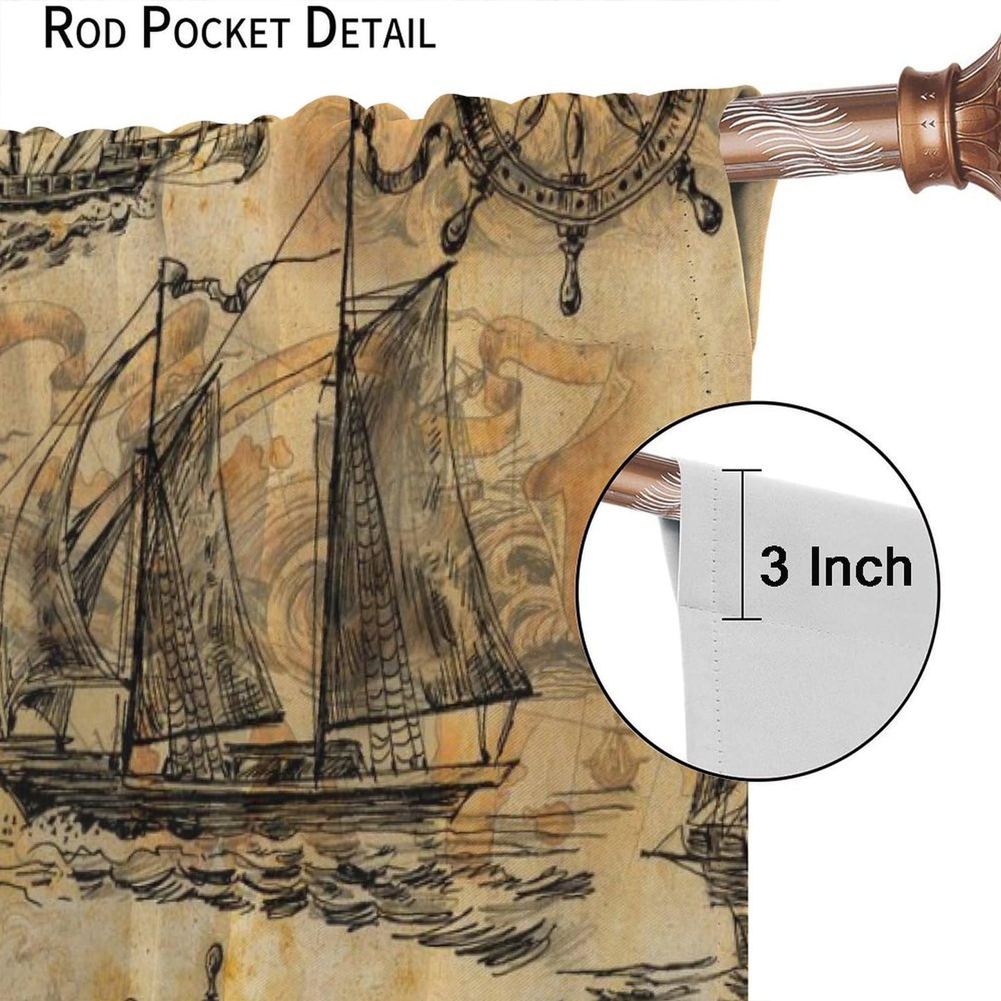 XBDDZSW Nautical Sailboat Map Curtains Sketch Pirate Ship Wheel Compass Starfish Coral Reef Nautical Map Pattern Print Window Drapes for Bedroom Living Room Kitchen Decor,2 Panel Set,42x45 Inch Decor