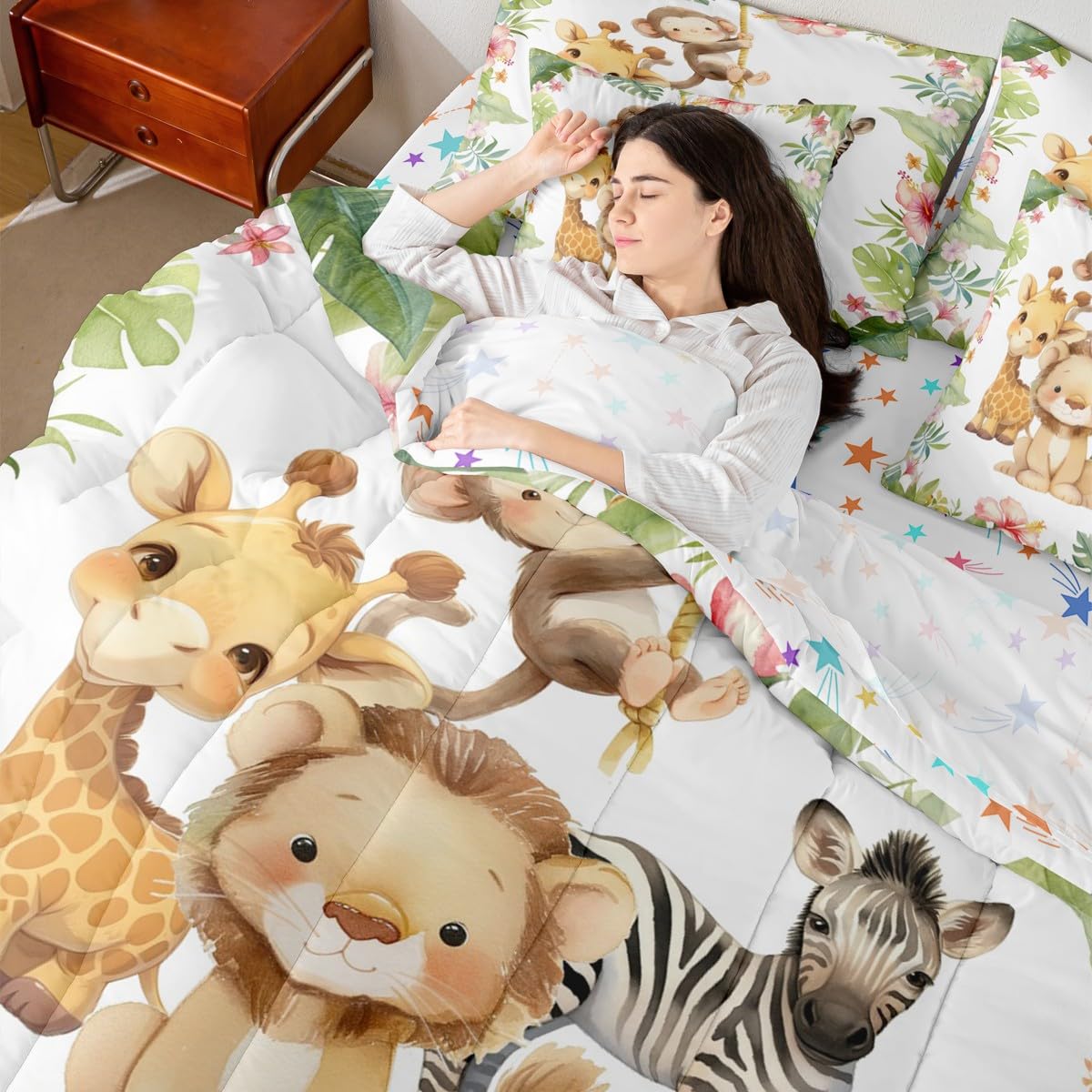 Erosebridal Lovely Cartoon Animal Twin Size Comforter Set with Sheets Teens - Cute Giraffe Lion 7-Piece Bedding Set Palm Leaves Pink Flowers Bed in a Bag Nursery Jungle Zebra Monkey Bed Quilt Sets