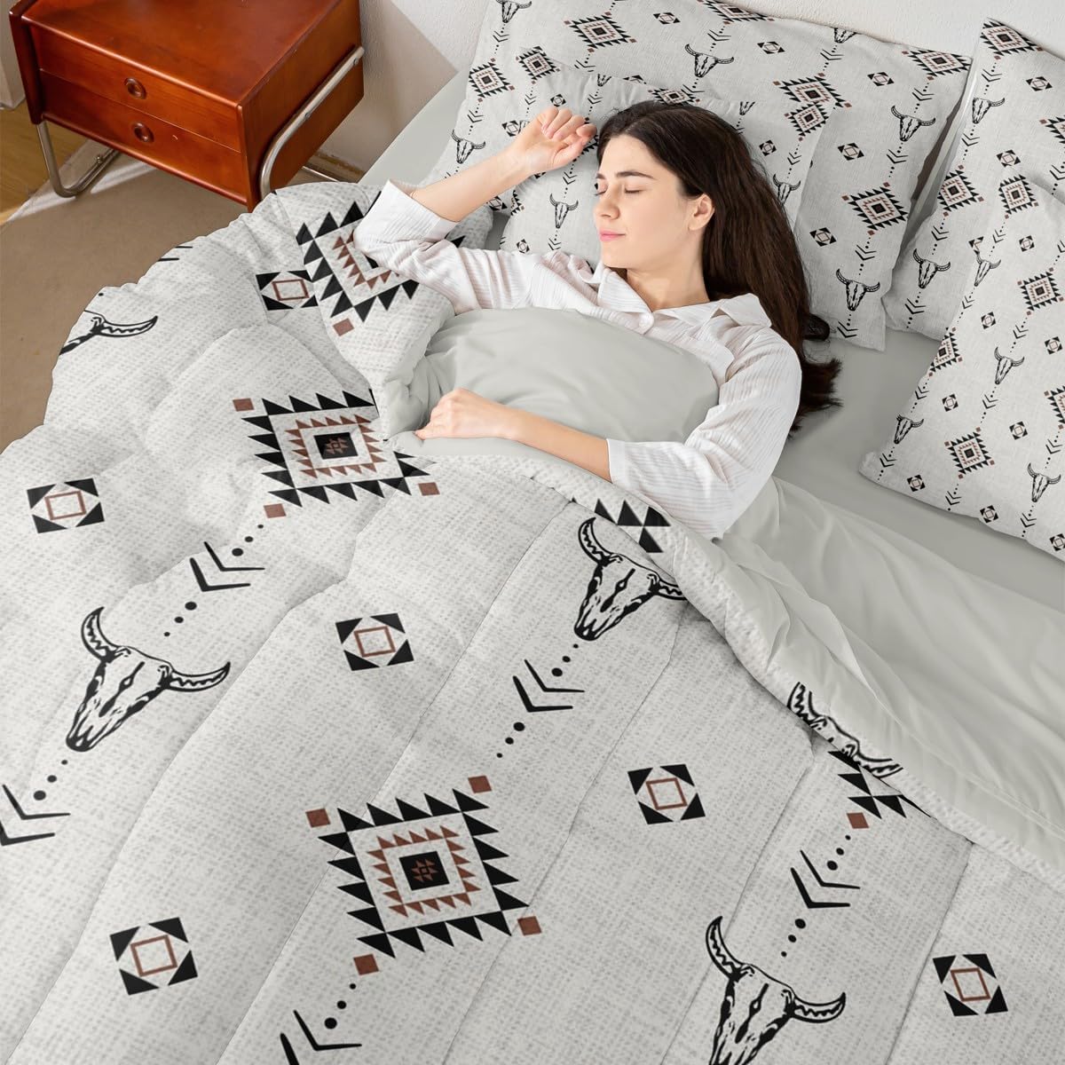 Erosebridal Western Aztec Comforter Set Queen Size, Boho Farmhouse Bedding Set 7 Piece for Kids Boys Teens Bedroom Ethnic Southwest Bull Skull Cow Bed in A Bag American Native Southwestern Sheet Sets