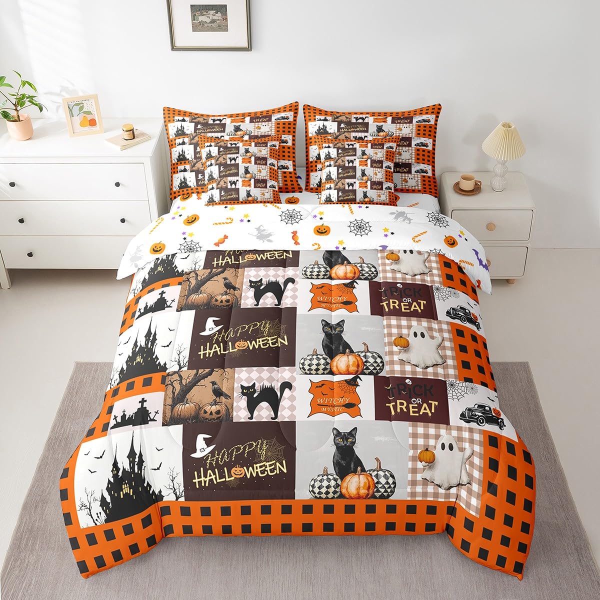 Erosebridal Plaid Halloween Bed in A Bag with Sheets Orange Cartoon Halloween Bedding Set Pumpkin Ghost Twin Comforter Set 7 Piece for Boys Girls Kids Gothic Black Cat Castle Bed Set