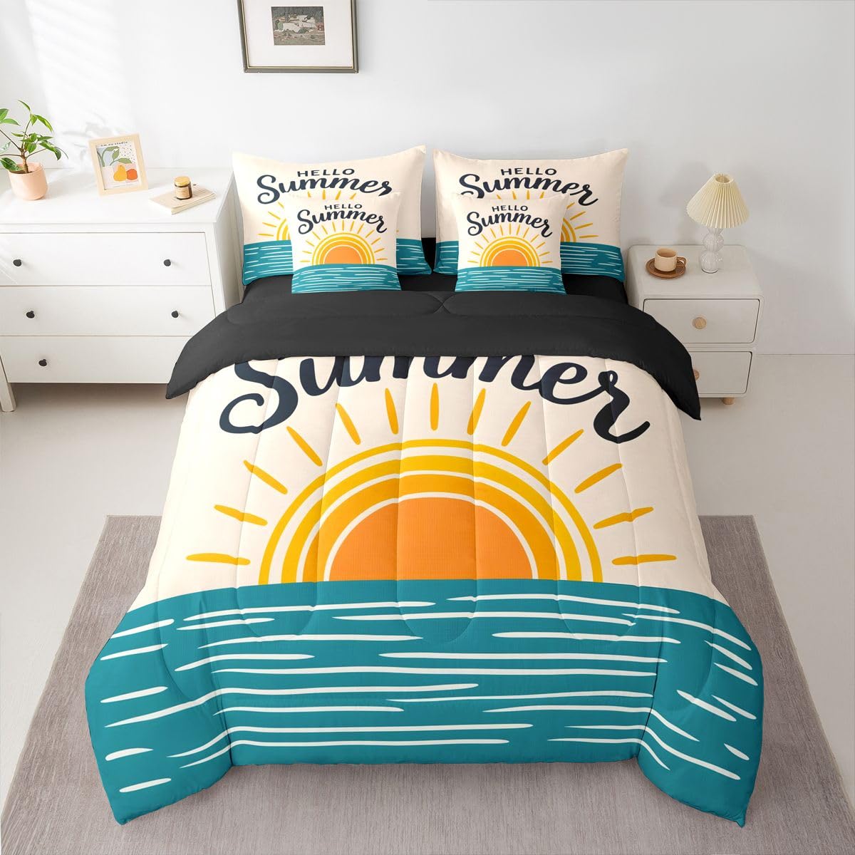 Erosebridal Sunrise Ocean Queen Bedding Set Coastal Minimalist Art Comforter Set with Flat and Fitted Sheet Kids Teens Modern Watercolor 7-Piece Bed in a Bag Beach Hello Summer Quilt Sets