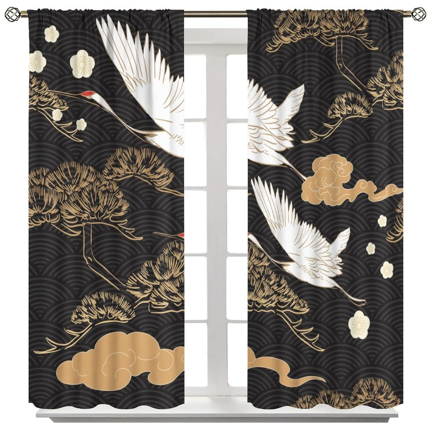 Japanese Style Curtains, Retro Red Crane Black and Gold Pine Tree Wave Abstract Asian Style, Bedroom Living Room Blackout Curtains, 2 Panel Set,42X45 Inch