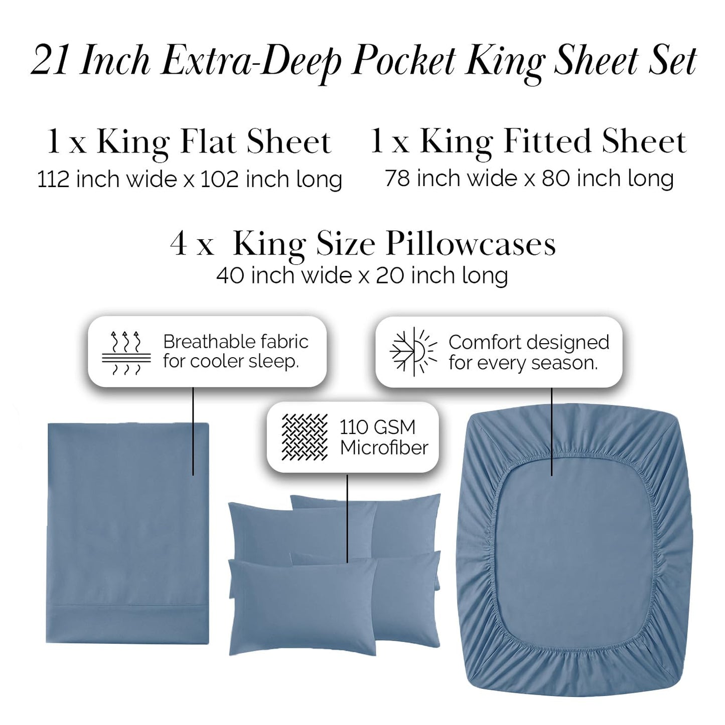 Southshore Fine Living, Inc. 6 Piece, 21 Inch King Size Sheets Set Deep Pockets - Wrinkle Resistant Bedding, Extra Deep Pocket King Sheet Set 78"x80" Hotel Style Breathable Microfiber - Coronet Blue