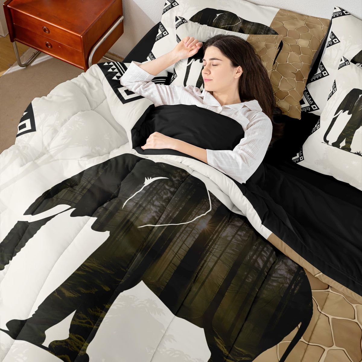 Erosebridal Elephant 7 Piece Bedding Set Full African Comforter Set with Sheets African Animal Lover Geometric Bed in a Bag Wild Animal Skin Woodland Silhouette for Kids Boys Girls