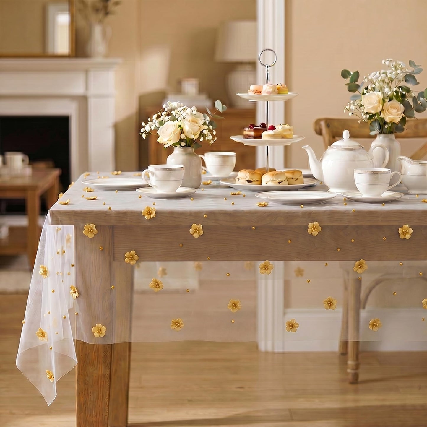 Horaldaily Yellow Flower Pearl Beige Gauze Table Cloth 60×84 Inch Rectangular, Seasonal Sheer Tulle Cheesecloth, Bridal Shower Table Cover for Wedding Birthday Table Decor