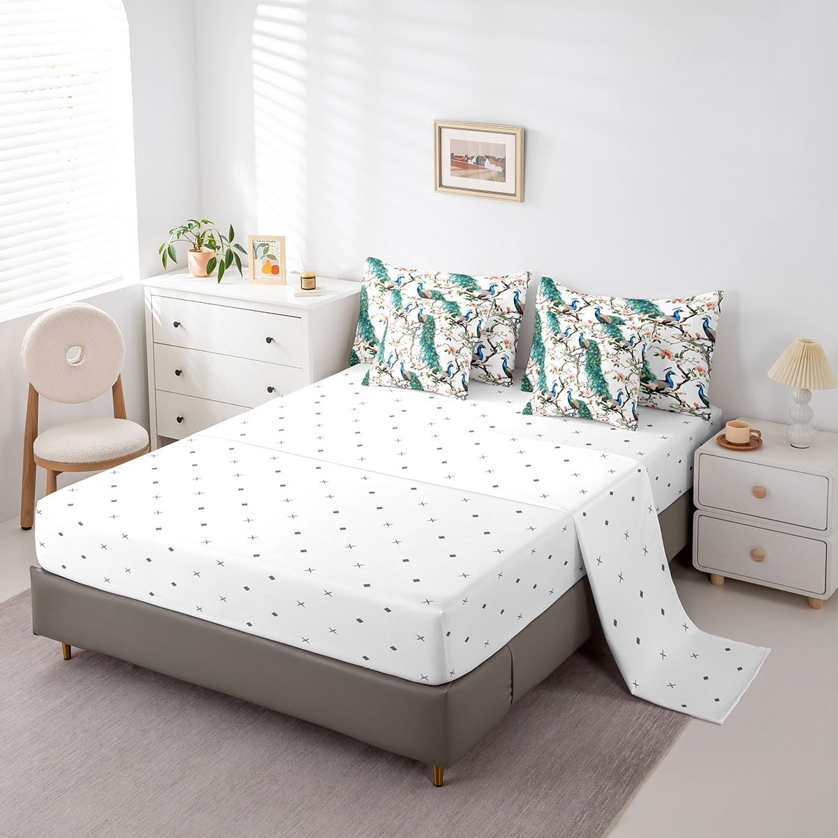 jejeloiu Peacock Comforter Set 7 Pieces Full Size Kids Cherry Flower Bed in a Bag for Boys Girls Royal Peacock Bird Bedding Set Green,Comforter + Sheets + Pillowcases + Cushion Covers