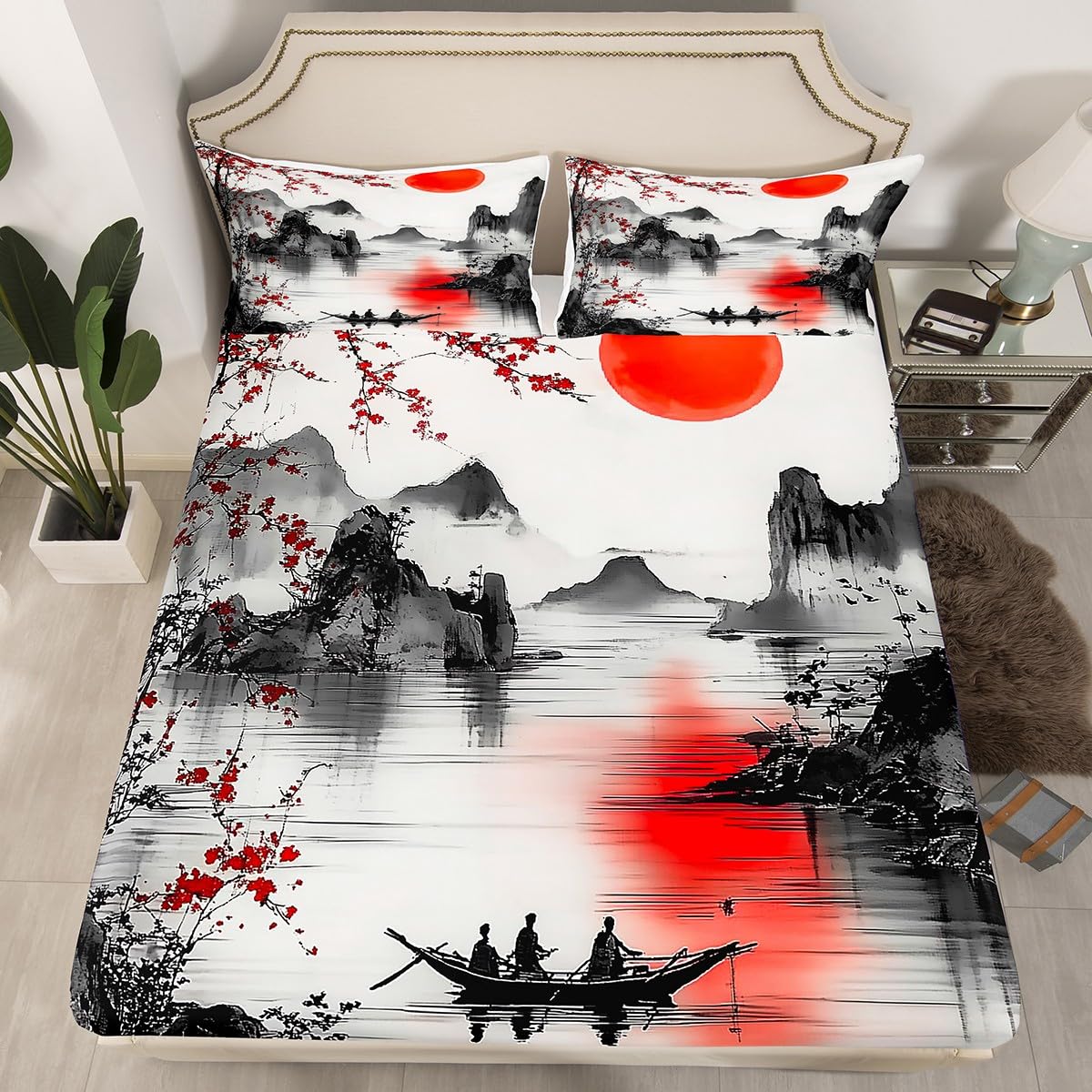 Feelyou Japanese Theme Bedding Sheets Full Cherry Blossom Bed Sheet Set for Adult Kids Watercolor Fitted Sheet Natural Landscape Bed Cover 3Pcs,1 Fitted Sheet+2 Pillow Sham（No Flat Sheet）