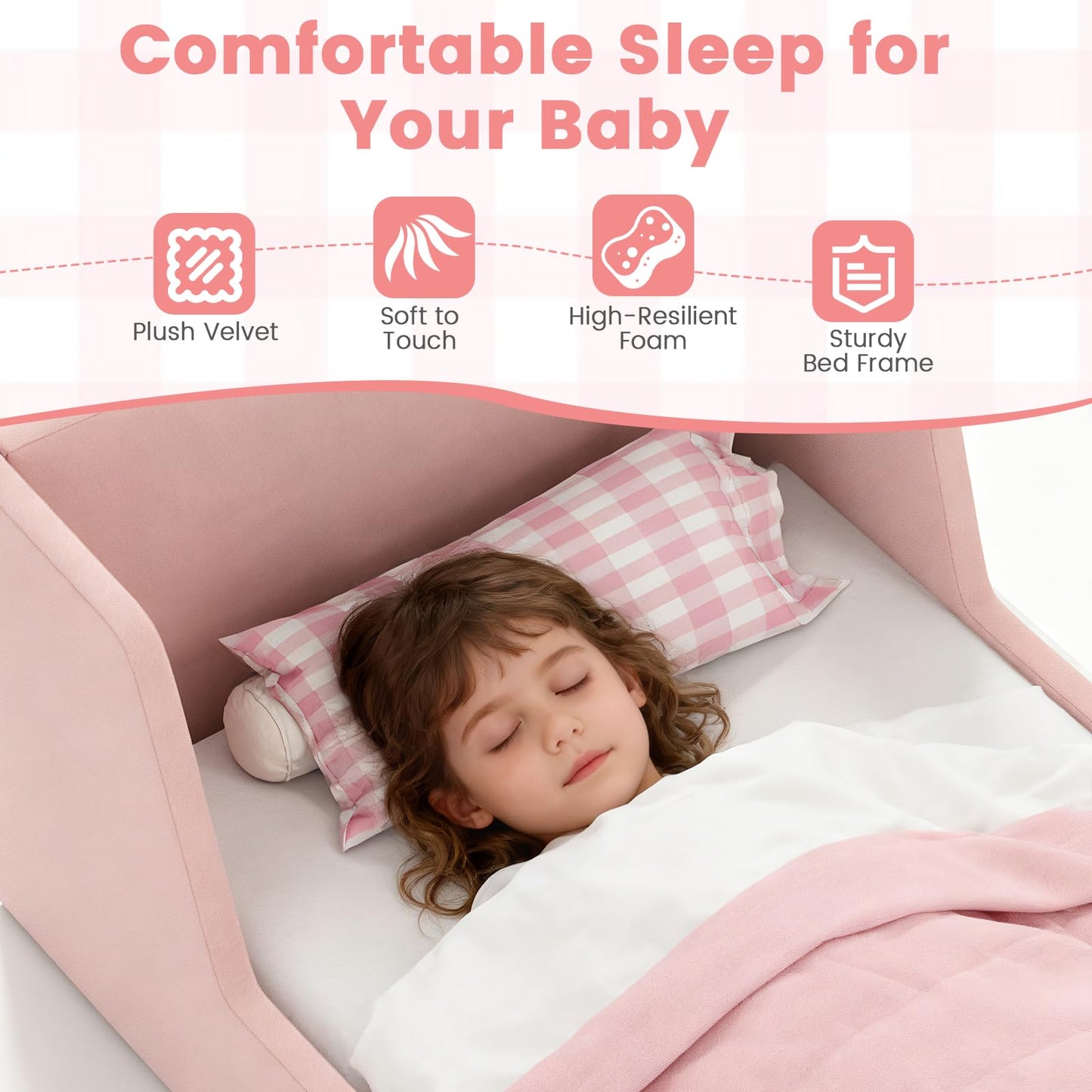 Costzon Toddler Bed, Soft Velvet Fabric Upholstered Children Floor Bed Frame with Safety Rails, No Mattress, Kids Bed for Girl Boys (Wood Foam, Pink)