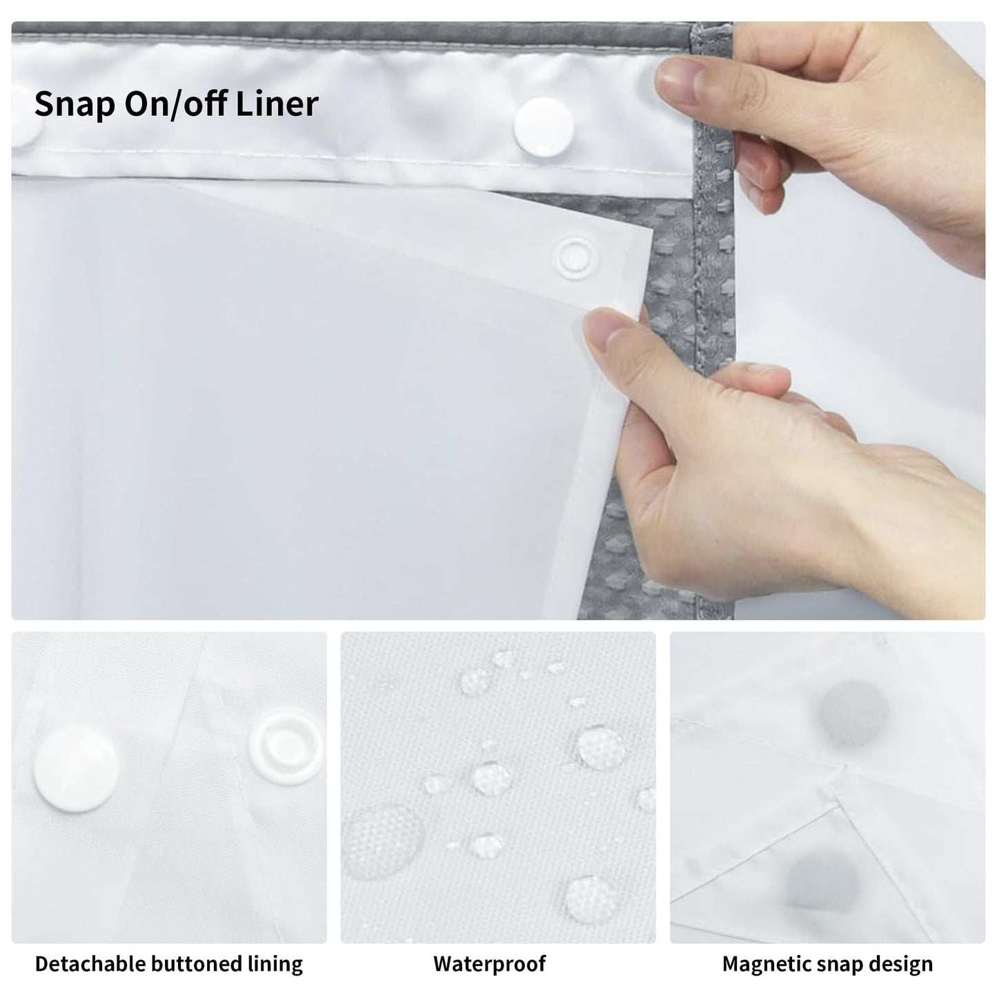 Yiwshcut No Hook Shower Curtain with Grey Sheer Top Window and Inner Liner, Raised Dots Waffle Weave Fabric Shower Curtain, Waterproof Washable Polyester Bath Curtain, Hotel Style, Grey, 72 x 74 Inch