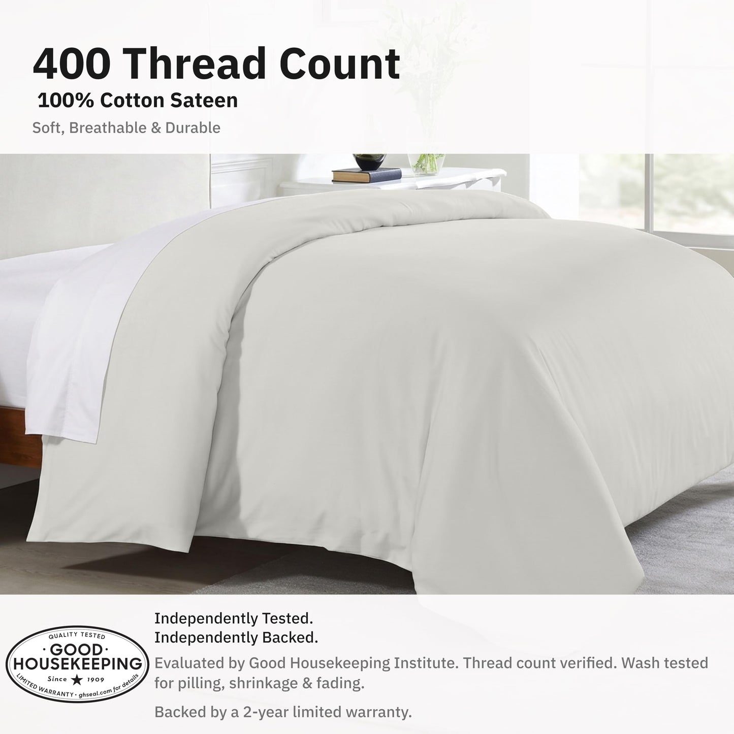 California Design Den Full/Queen Duvet Cover Only - Winner Good Housekeeping Best Bedding Awards 2025, Soft 400 Thread Count Sateen, 100% Cotton Duvet Cover - Ivory (Pale Tone)