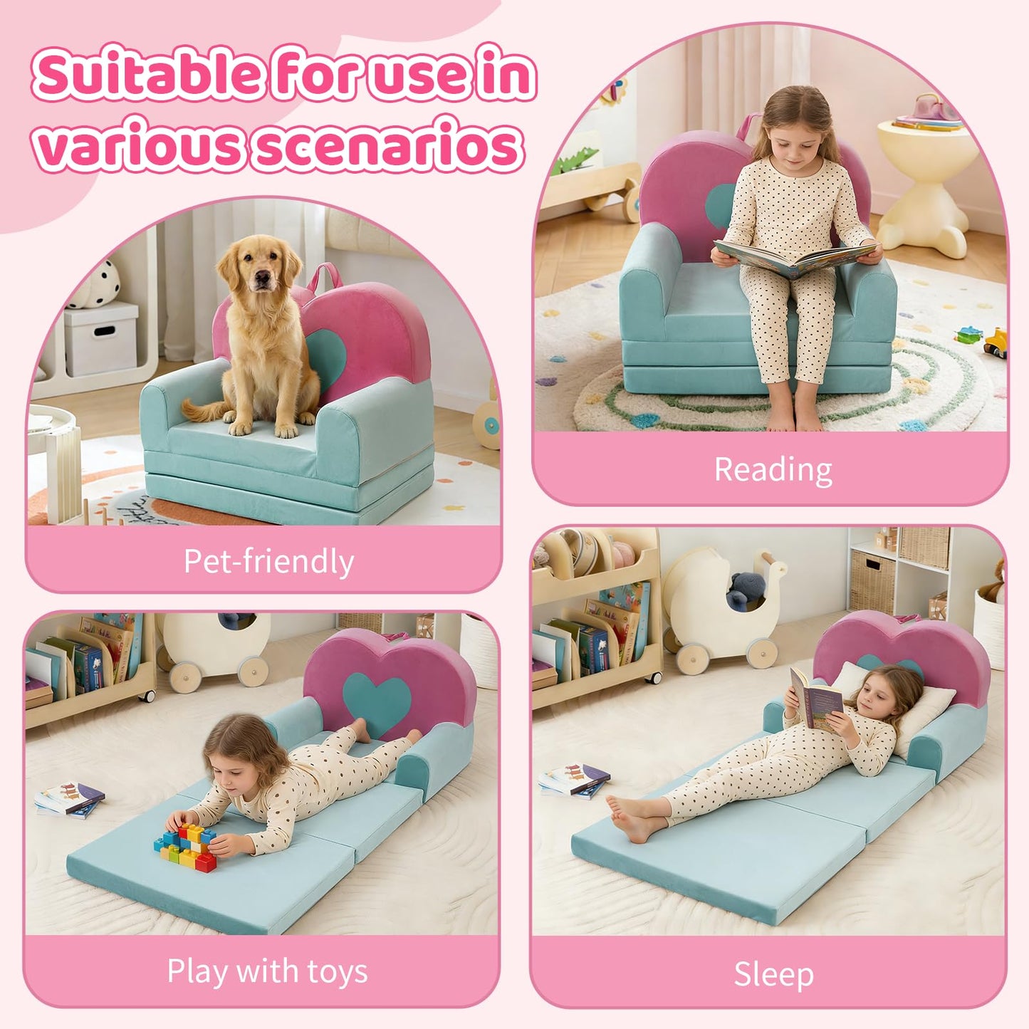 KKS KAKINNSYUU 2 in 1 Toddler Couch Kids Sofa, Fold Out Foam Couch Convertible to Lounger, Soft Plush Toddler Sofa for Playroom, Kids Furniture Gift for Birthday Childrens Day, Pink Heart