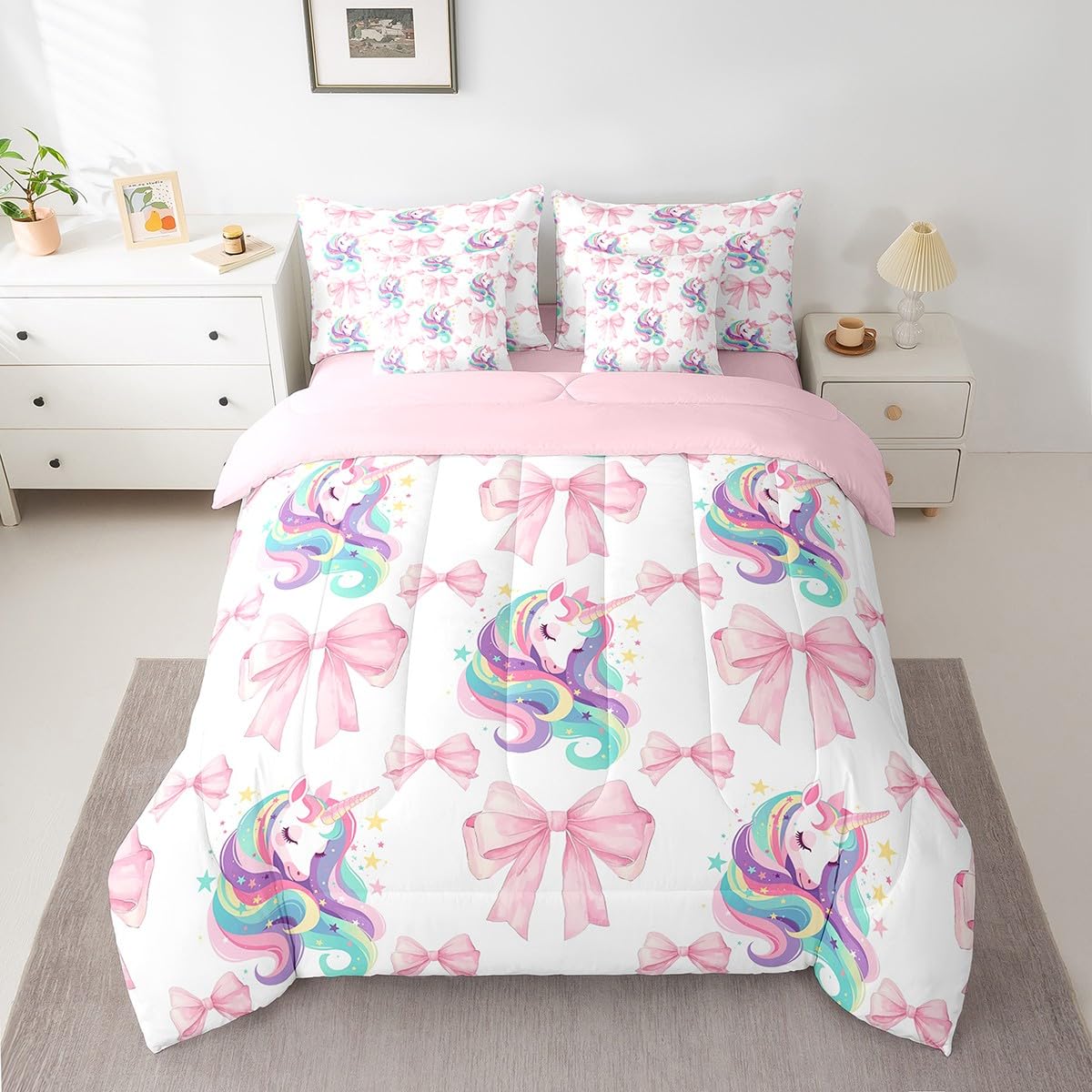 Erosebridal 7 Piece Girls Pink Bowknot King Bedding Set,Kawaii Rainbow Unicorn Kids Comforter Set for Teens,Dreamy Princess Style Quilt,Girly Unicorn Bow Tie Sheet Set with Comforter