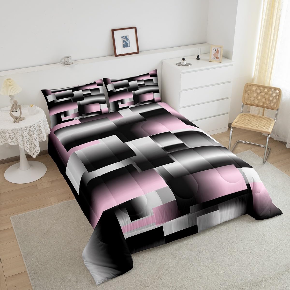 jejeloiu Modern Abstract Comforter Set Queen Size Pink Gray Black White Geometric Art Comforter Rectangle Room DecorBedding Set Quilt 3Pcs Duvet Set Boys