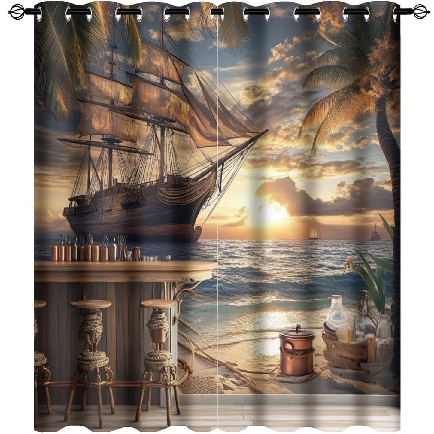 TOWINSFB Nautical Pirate Ship Blackout Curtains for Bedroom/Living Room, Retro Sunset Ocean Sailboat Grommet Curtains Thermal Insulated Window Drapes, 2 Panels, Each 21W x 45L