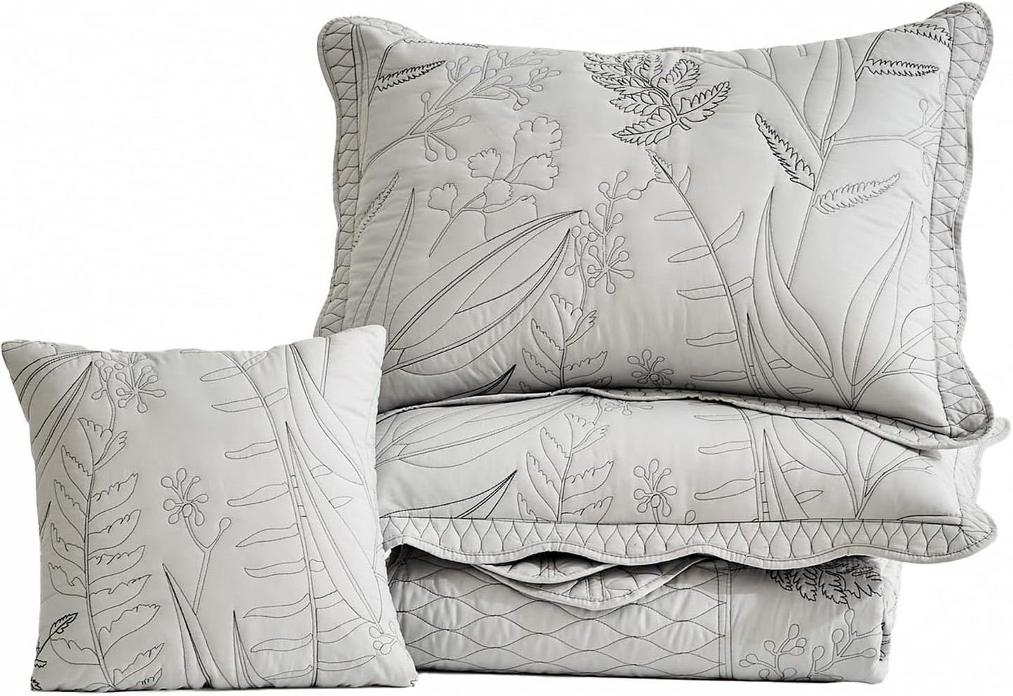 DaisyHuang Botanical Oversized Bedspread Queen Size - Leaves Pattern Stitching Quilt Set - Elegant & Fresh Style Bedding Coverlets, Reversible, Lightweight, 5 Piece, Grey