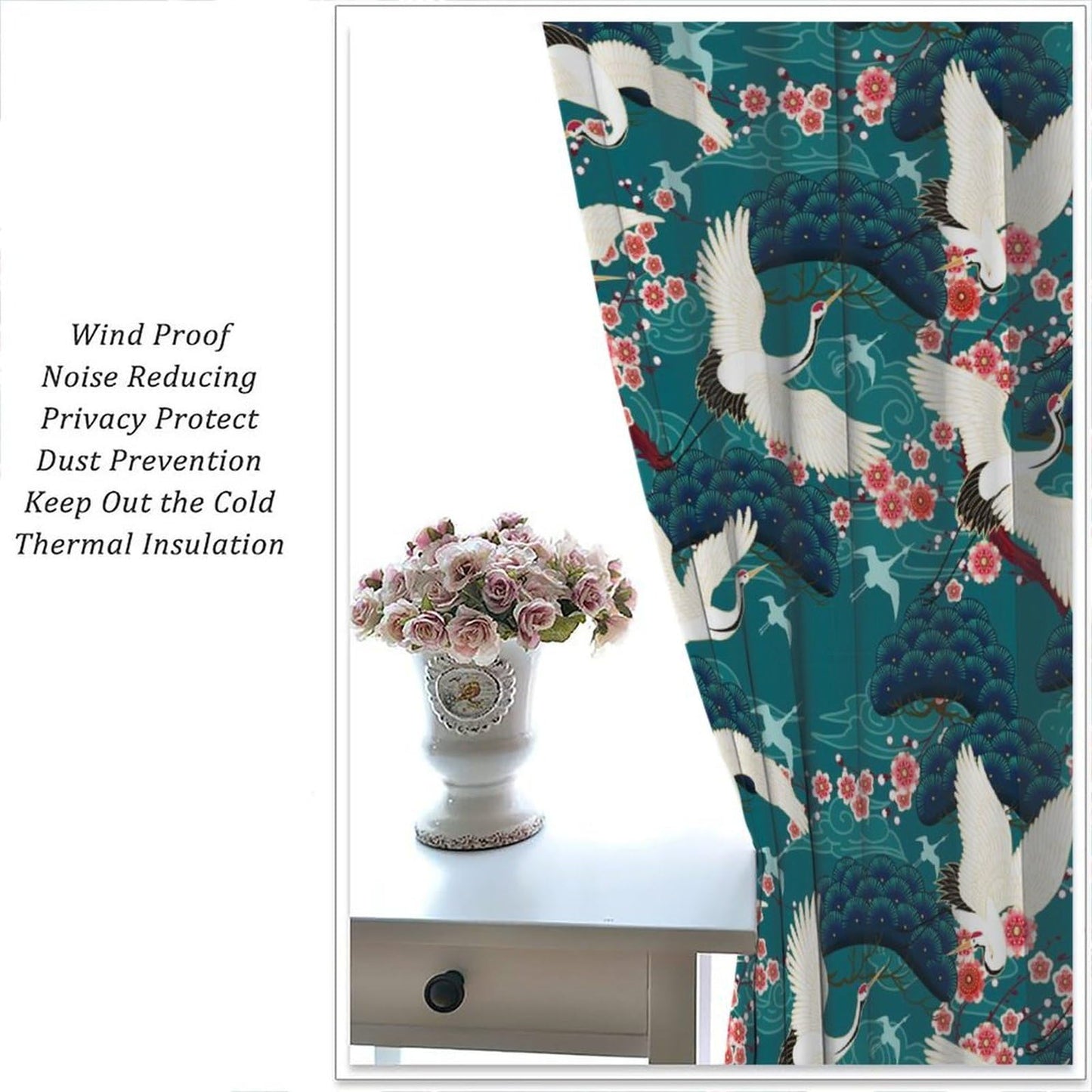 YSWOW Japanese Cranes Curtains, Asia Oriental Theme Art Printed Window Drapes for Bedroom Living Room Kitchen Decor Fabric 2 Panel 42x45 Inch 30% Shading Rate