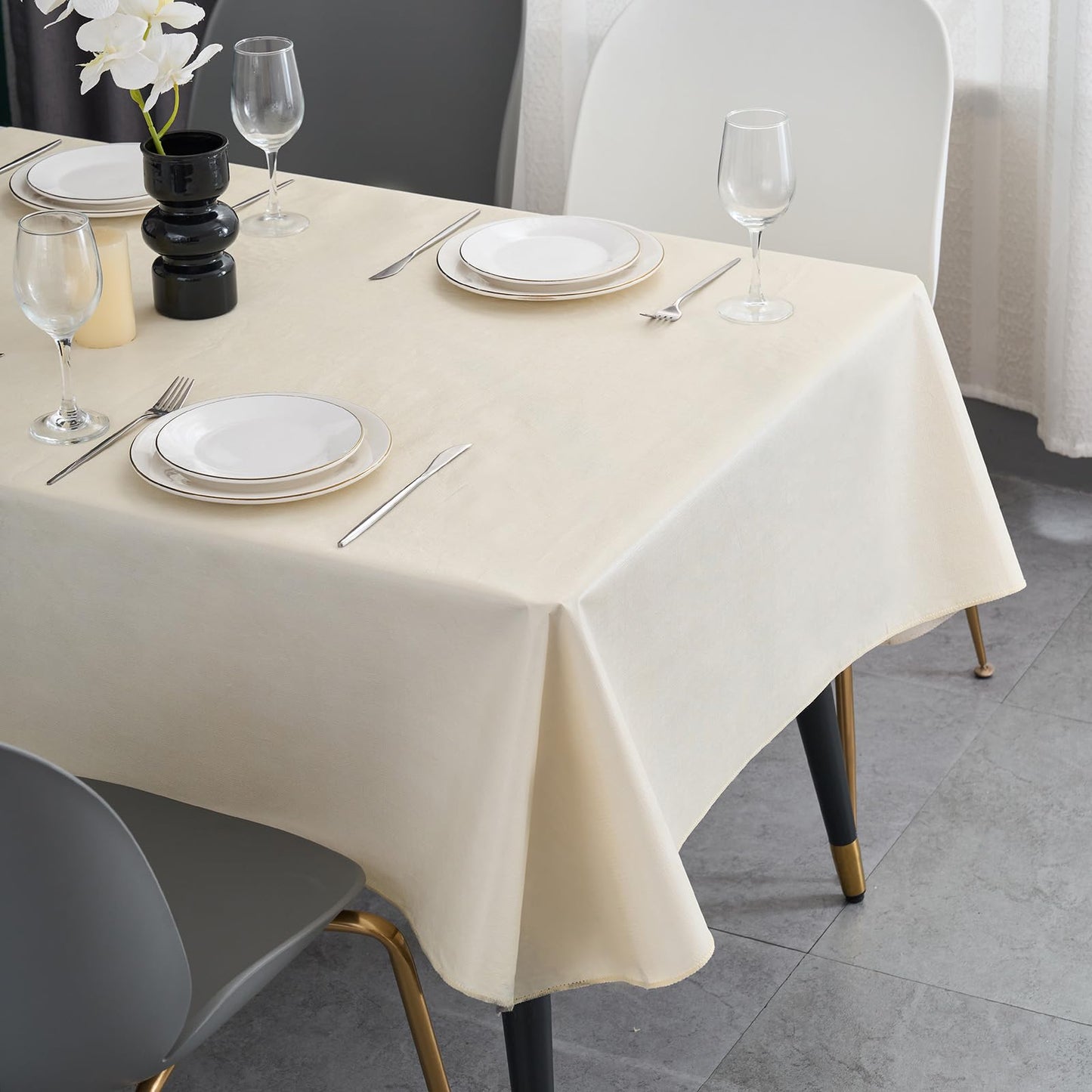 Rectangle Tablecloth Wipeable Vinyl Tablecloths with Flannel Backing, Plastic Outdoor Oil-Proof Waterproof Table Cover, Both Indoors and Outdoors. (Beige, 52" x 70")