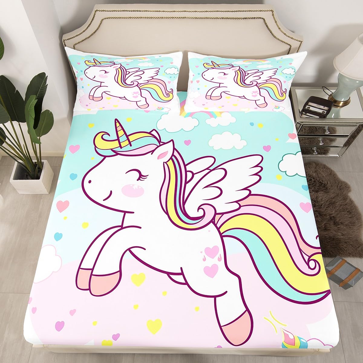 Kawaii Unicorn Kids Fitted Sheet Full Size,Rainbow Love Heart Clouds Bedding Set,Girls Women Room Decor,Cartoon Animal Princess Bed Cover,Pink Teal Bed Sheet,2 Pillowcases