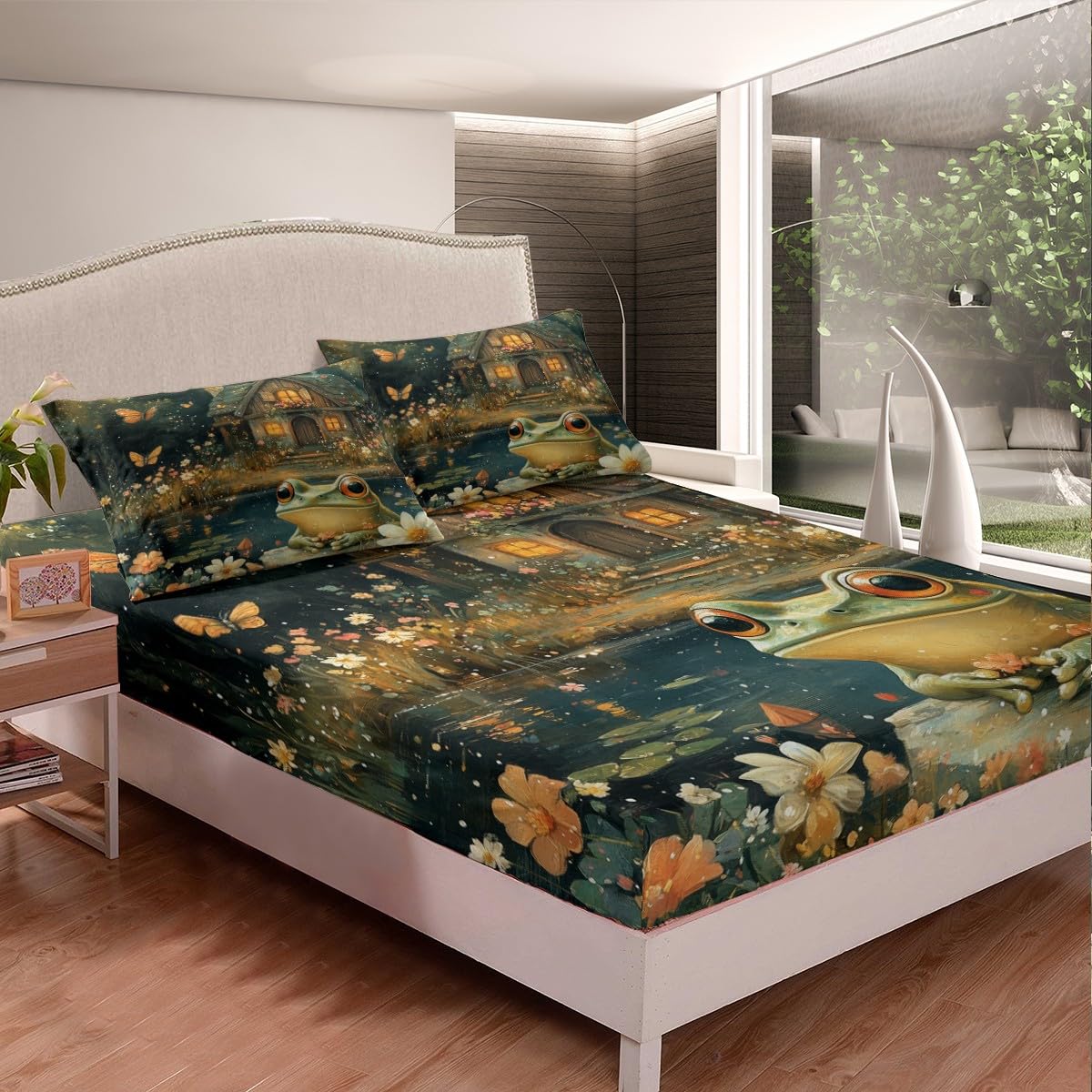 Manfei Wild Frog Bed Sheet Set Twin Size,Lodge Cabin Rustic Lake Animal Sheet Set,Jungle Daisy Flowers Butterfly Dreamy Starry Bedding Set with 1 Flat & 1 Fitted Sheet with 1 Pillow Sham