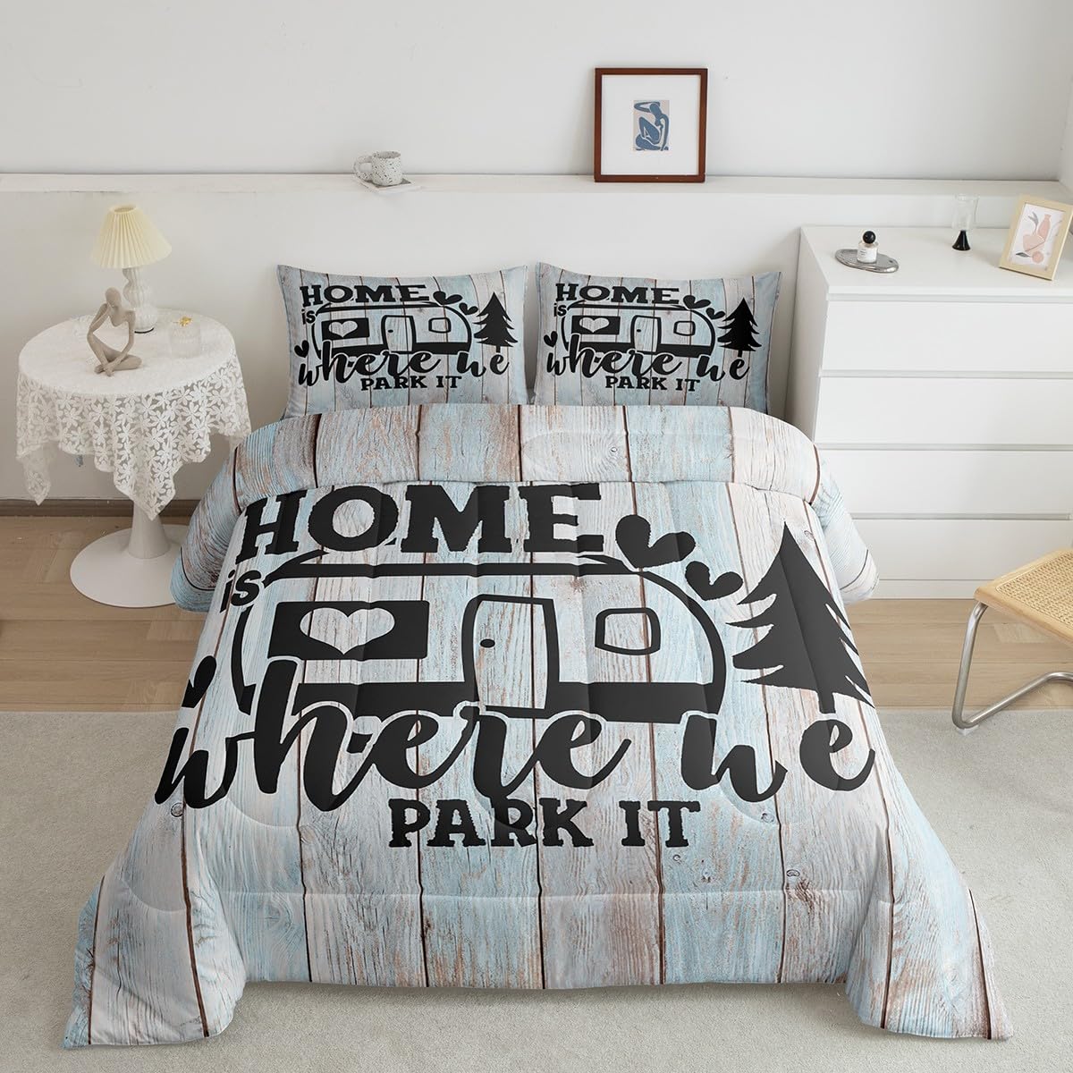 Farmhouse Rustic Camping Queen Size Comforter Set,Funny Home Where We Park It Bedding Set with 2 Pillowcases,Explore Camper Gifts RV Life Breathable Durable Inner Fill Polyester Bedspread