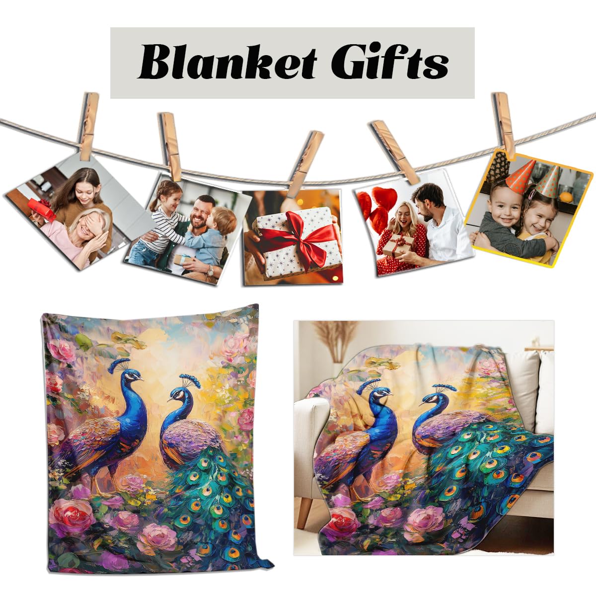 HUNXIAOJ Peacock Blanket Throw Queen Size Elegant Animal Decor Bird Print Flannel Throw Couch Bed Living Room Home Decor Gifts for Lovers Women Girls Adults 59"x70"