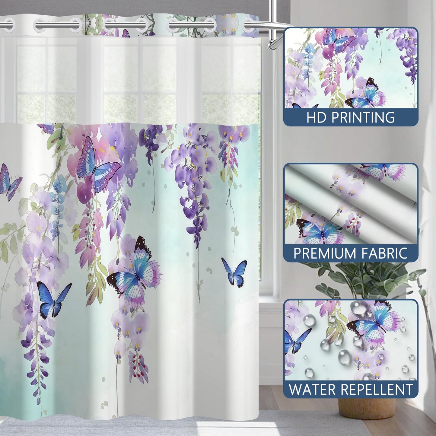 NAEMBCU No Hook Shower Curtain with Snap in Liner 71x74 Inch