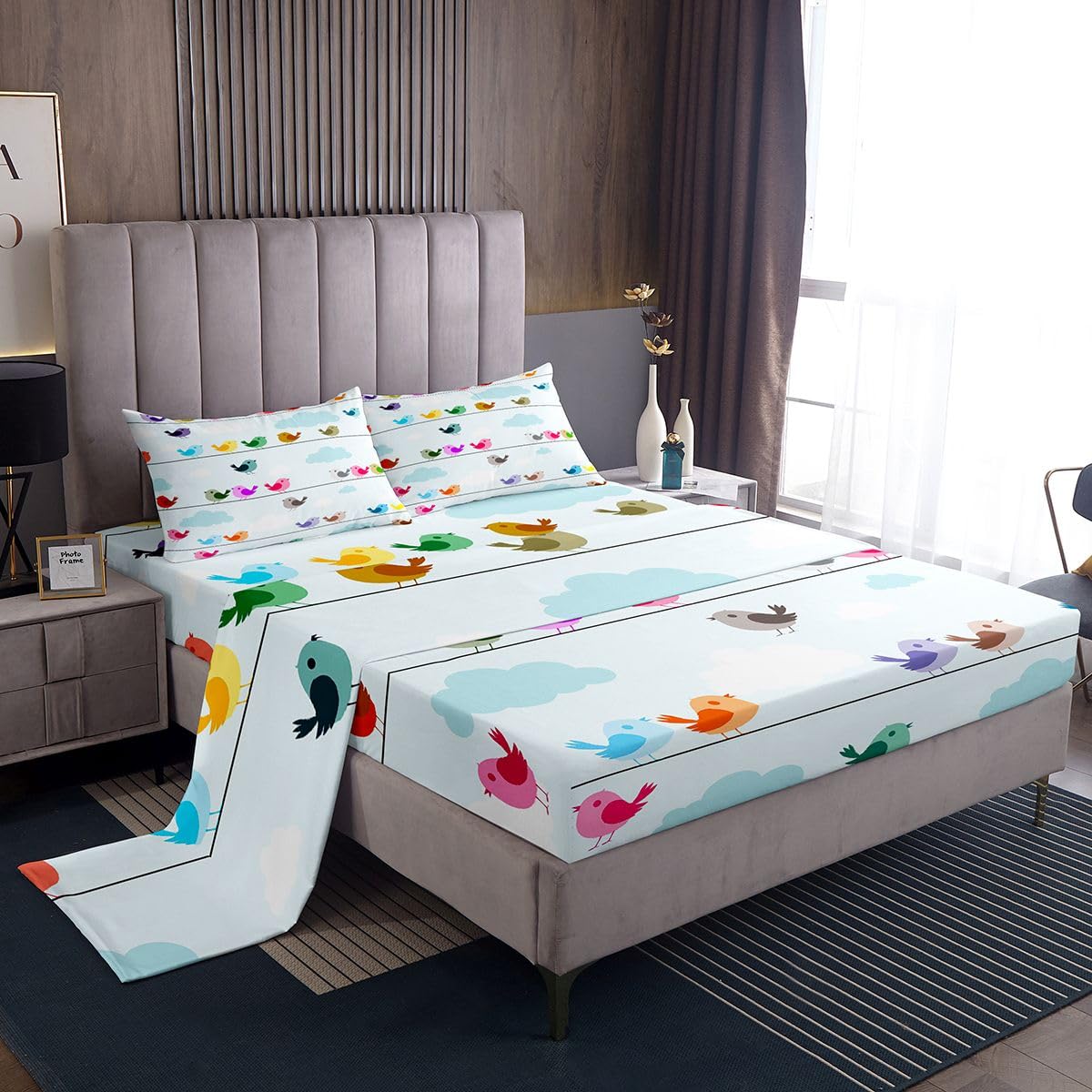 Erosebridal Kids Bird Bedding Sets King Size,Boys Girls Cute Cartoon Animals Bed Sheet Set Colorful Lovely Birds Sheet Set,Blue Sky White Clouds Fitted Sheet + Flat Sheet + 1 Pillow Case