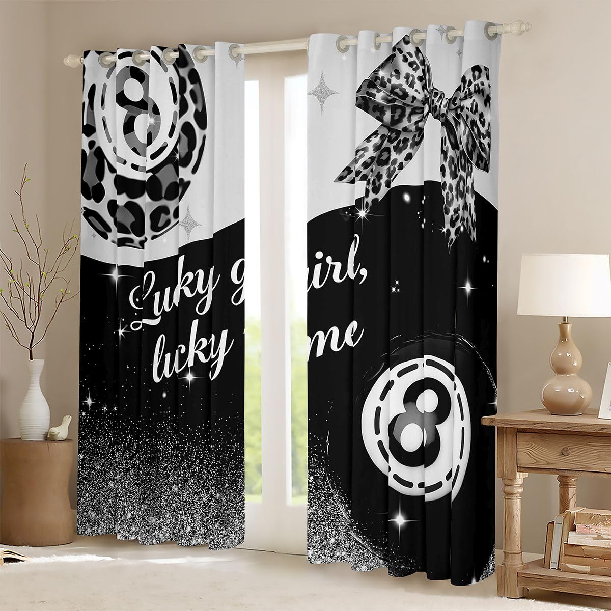 Erosebridal Black Grey Leopard Blackout Curtains for Bedroom Fashion Y2K Lucky 8 Ball Window Curtains 2 Panels 42" Wx63 L Cheetah Print Bow Drapes,Coquette Aesthetic Preppy Window Treatments