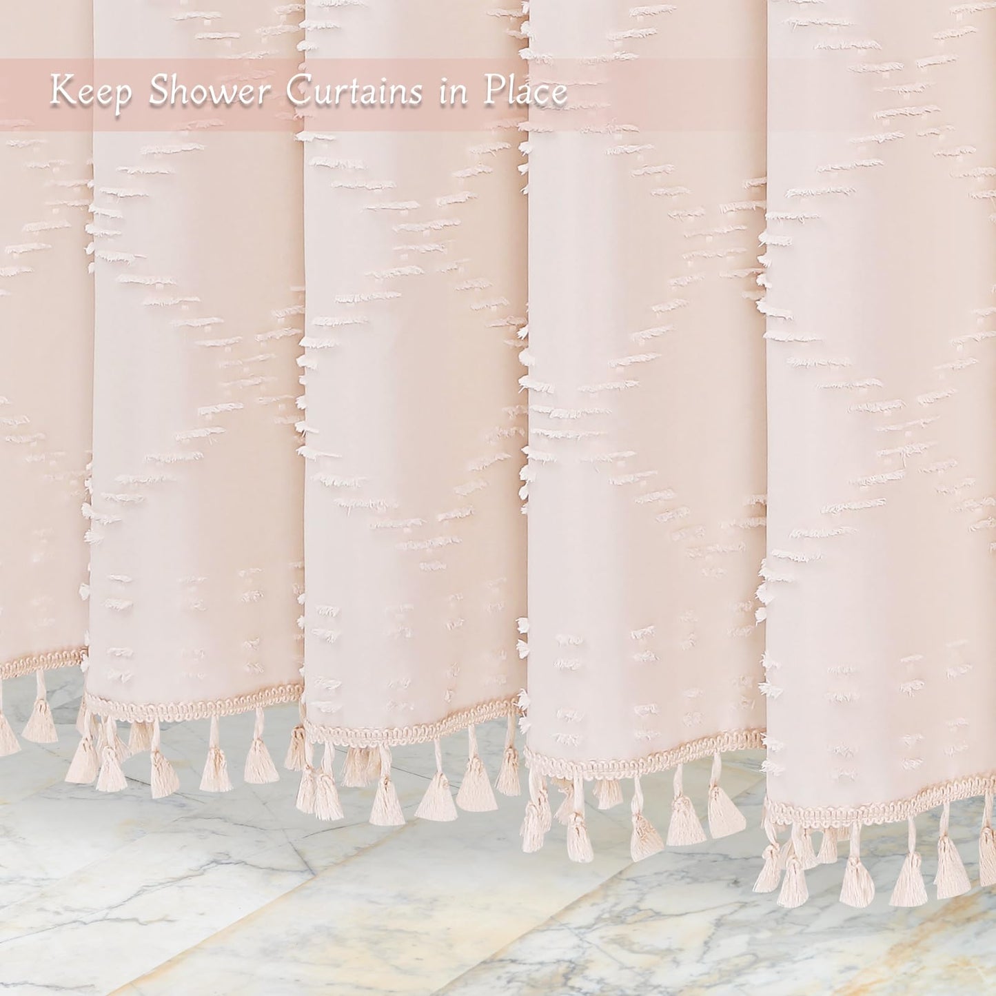 Craidlela Boho Light Pink Woven Fabric Shower Curtain with Tassel 72 x 72 Modern Farmhouse Minimalist, Pink Bohemia Tufted Chevron Striped Chic Textured, Waterproof Cloth Curtain for Bathroom