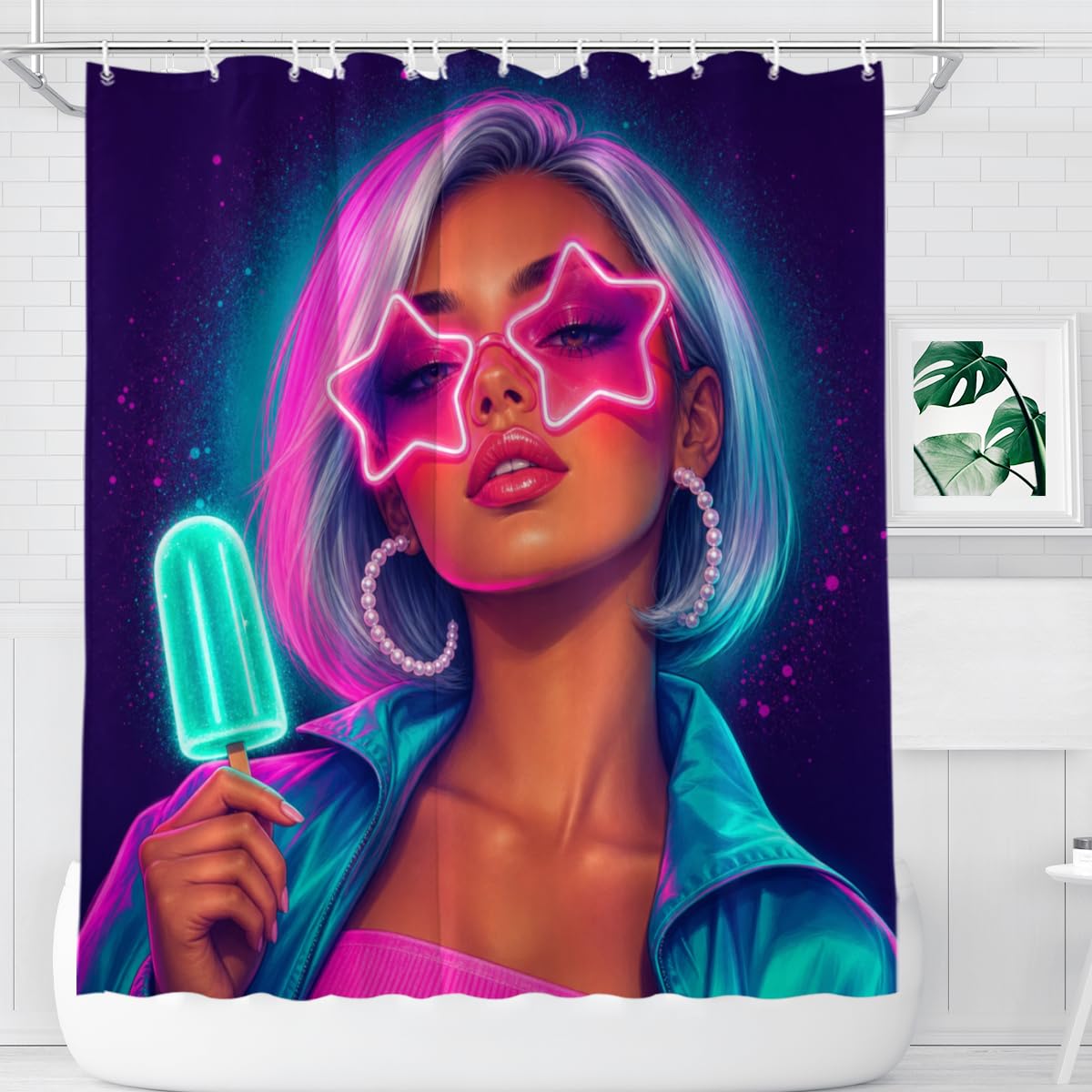 TopPacific Star Sunglasses Woman Shower Curtain 72x72 Inch Shower Curtain with 12 Hooks Polyester Woman Star Sunglasses Popsicle Purple Neon Background Bathroom Decor