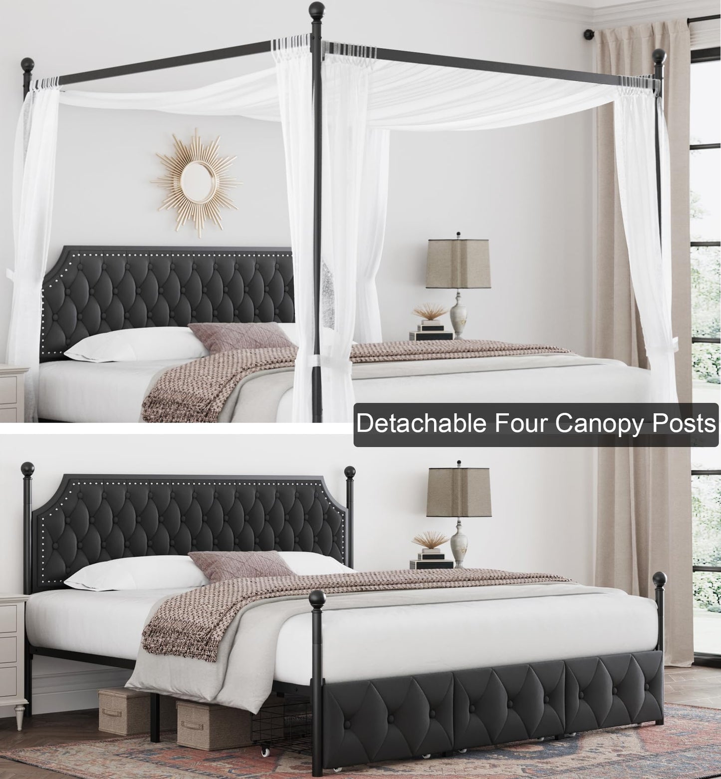 Keyluv King Upholstered Canopy Bed Frame with 3 Storage Drawers & Button Tufted Headboard, Metal Platform Bed with 4 Removable Posts, Two-Purpose Velvet Bed, Dark Grey/Curtain Not Included