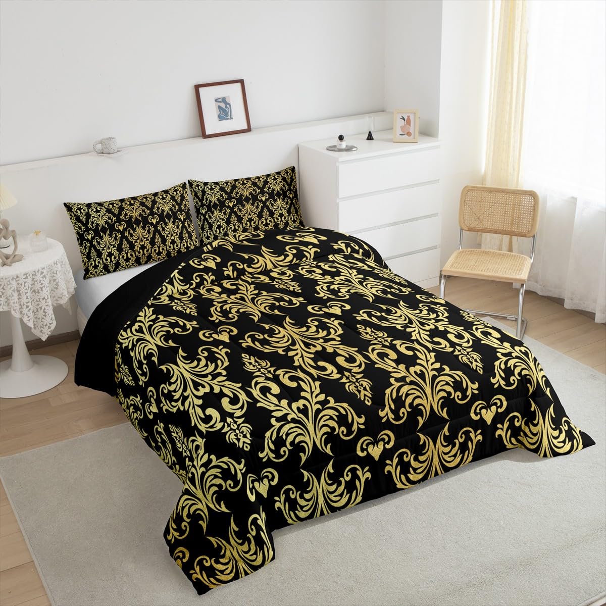 Feelyou Jacquard Bedding Set,Twin Size Floral Comforter Set for Adults & Teens,Boho Damask Duvet Set with Black & Gold Quilt,2Pcs