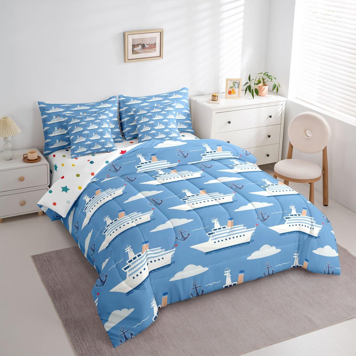 Erosebridal Boys Nautical Sailboat 7 Pieces Bedding Set Twin, Ocean Ship Comforter Set with Sheets, Boat Anchor Bed in A Bag, White Cloud Blue Sky Nautical Bed Sets for Kids Teens Youth Men Bedroom