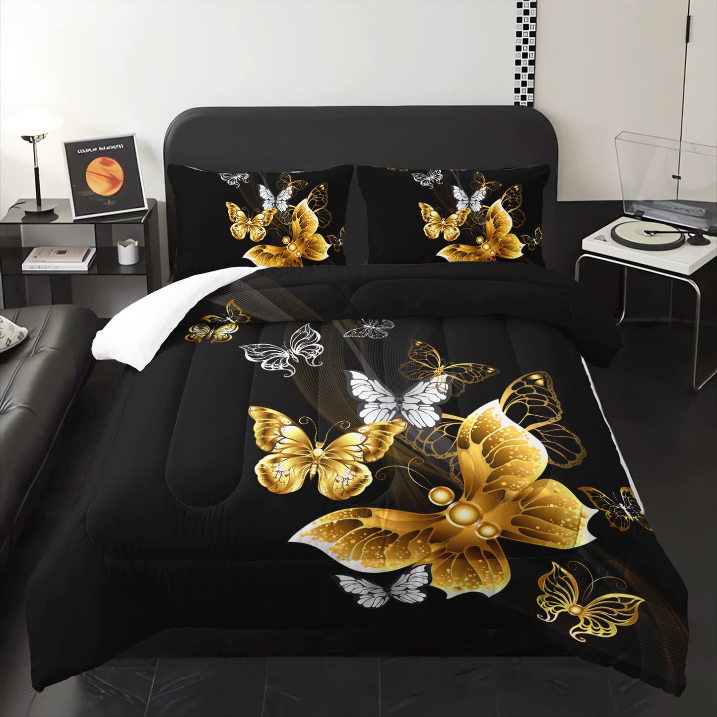 XYNHML Butterfly Comforter Set for Adults Black and Gold Butterfly Bedding Set Aesthetics Butterflies Quilt Duvet Set Full Size with 1 Comforter and 2 Pillowcases