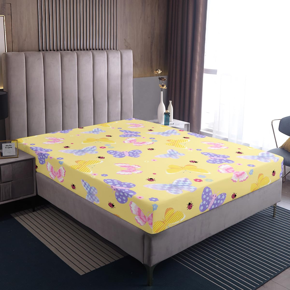 Feelyou Cute Butterfly Fitted Sheet with 1 Pillowcase Twin Size Kawaii Floral Bed Sheets Set 16" Deep Pocket Boys Girls Butterfly Printed Pattern Bedding Cartoon Pink Ladybug Teens Bedroom Decor