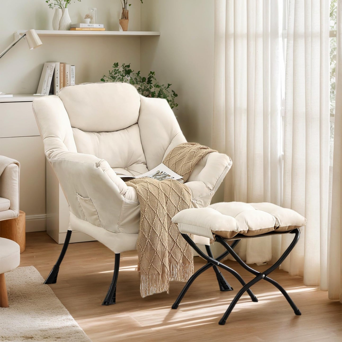 HomEastlly Lazy Chair with Ottoman, Large Beige Accent Chair with Ottoman, Comfy Reading Armchair, Leisure Sofa Chair for Living Room, Bedroom, Dorm Room, Office
